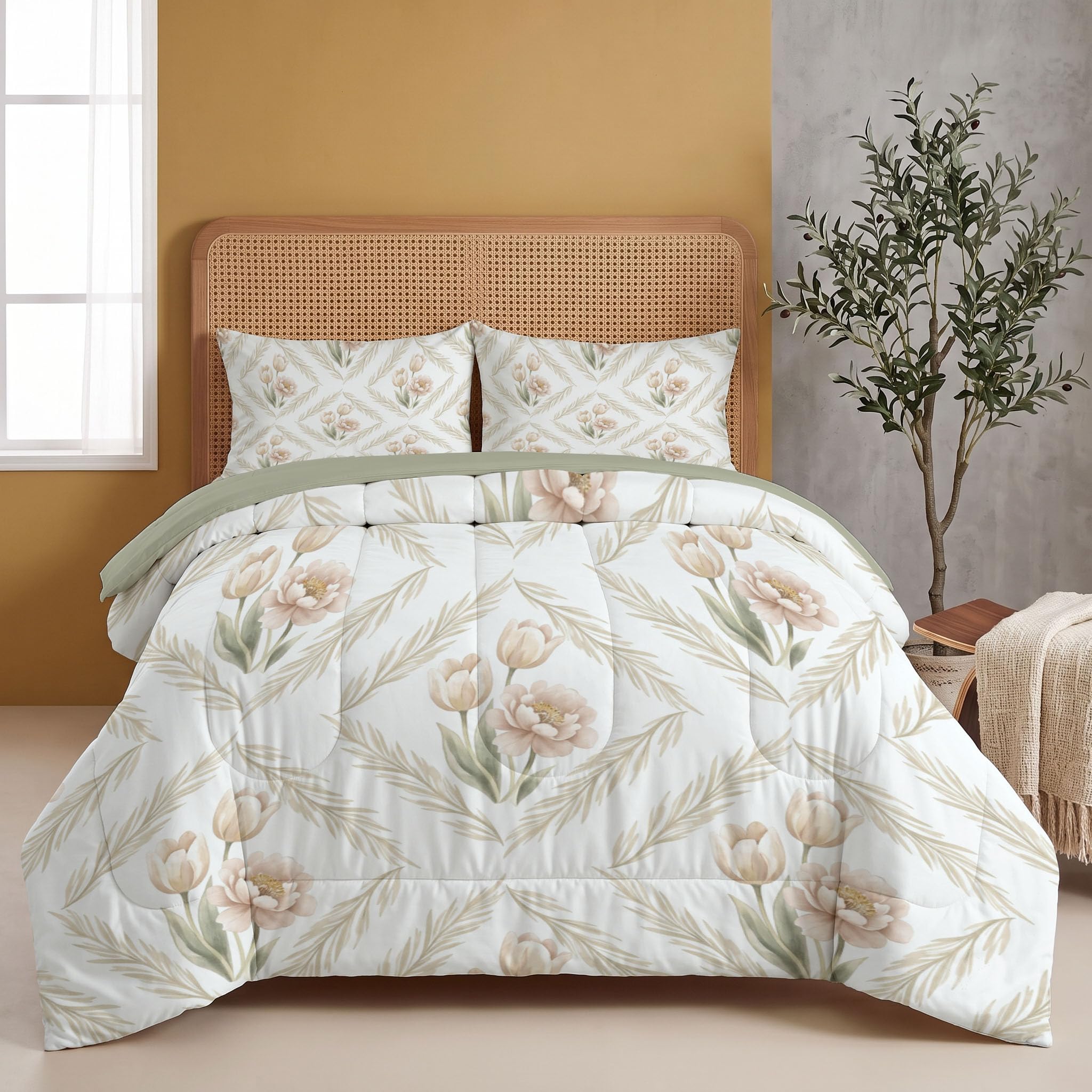 Edredón Invierno Cama 90 Tulipanes del Campo Rombo Vegetal Simple | Edredon Nordico Sin Funda Invierno Reversible Acolchado, Ligera Respirable Manta De Suave, Blanco, 140X200Cm