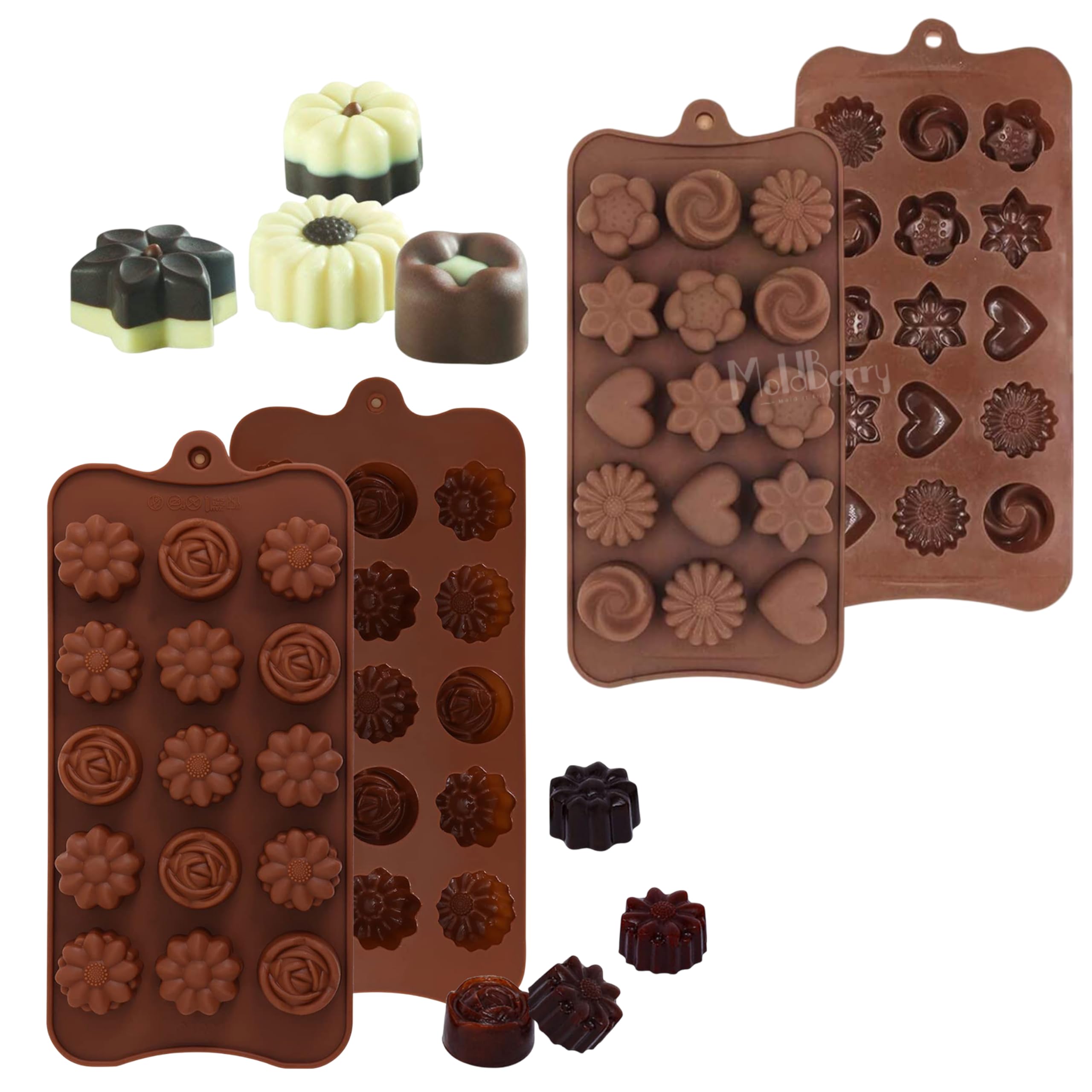 MoldBerry Pack of 2-15 Cavity Silicone Different Flower Shape Chocolate Mould | Non Stick Flexible Candy Jelly Moulds for Homemade Chocolates, Desserts, Ice Cubes, DIY Baking & Gift Making Tray-image-11