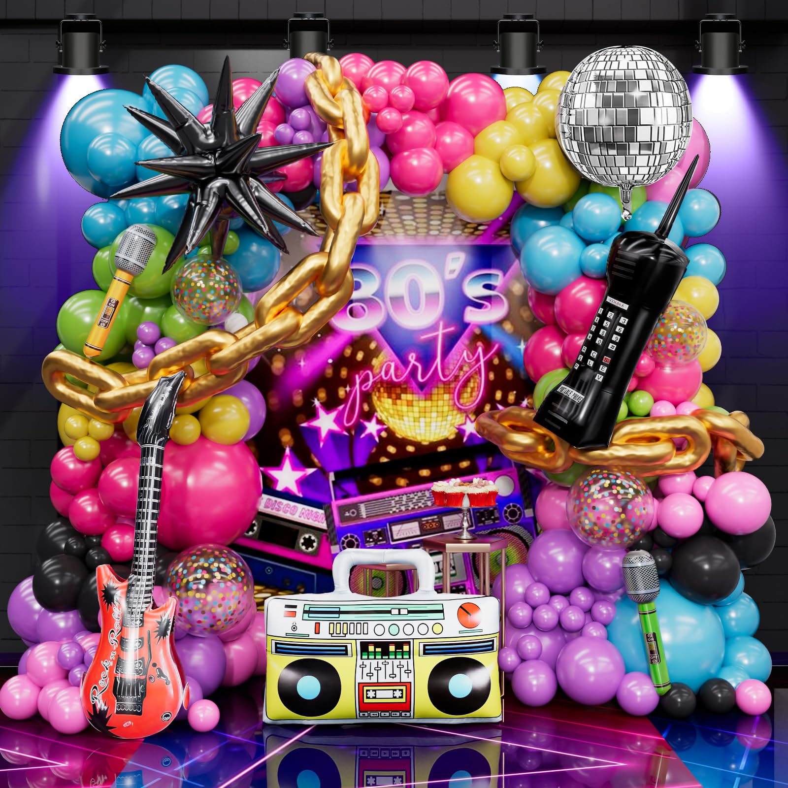 80s 90s Balloon Arch Kit – 162 Pcs Party Decorations with Star Foil Balloon, Boom Box, Disco Ball Chain, Retro Phone & More for 80s & 90s Theme Party