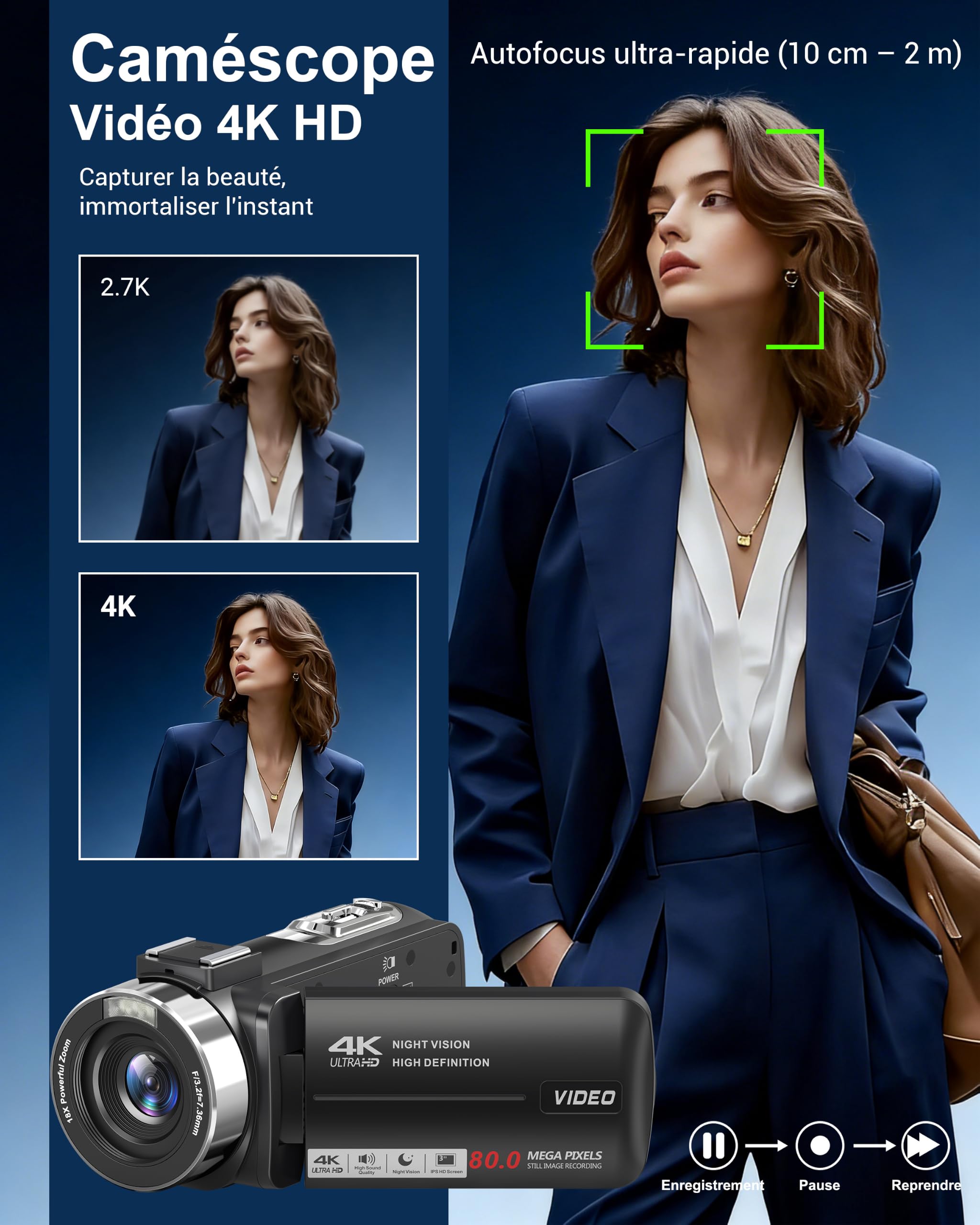 Caméscope 4K Caméra Vidéo 80MP Vision Nocturne Zoom 18X Vlogging Camera