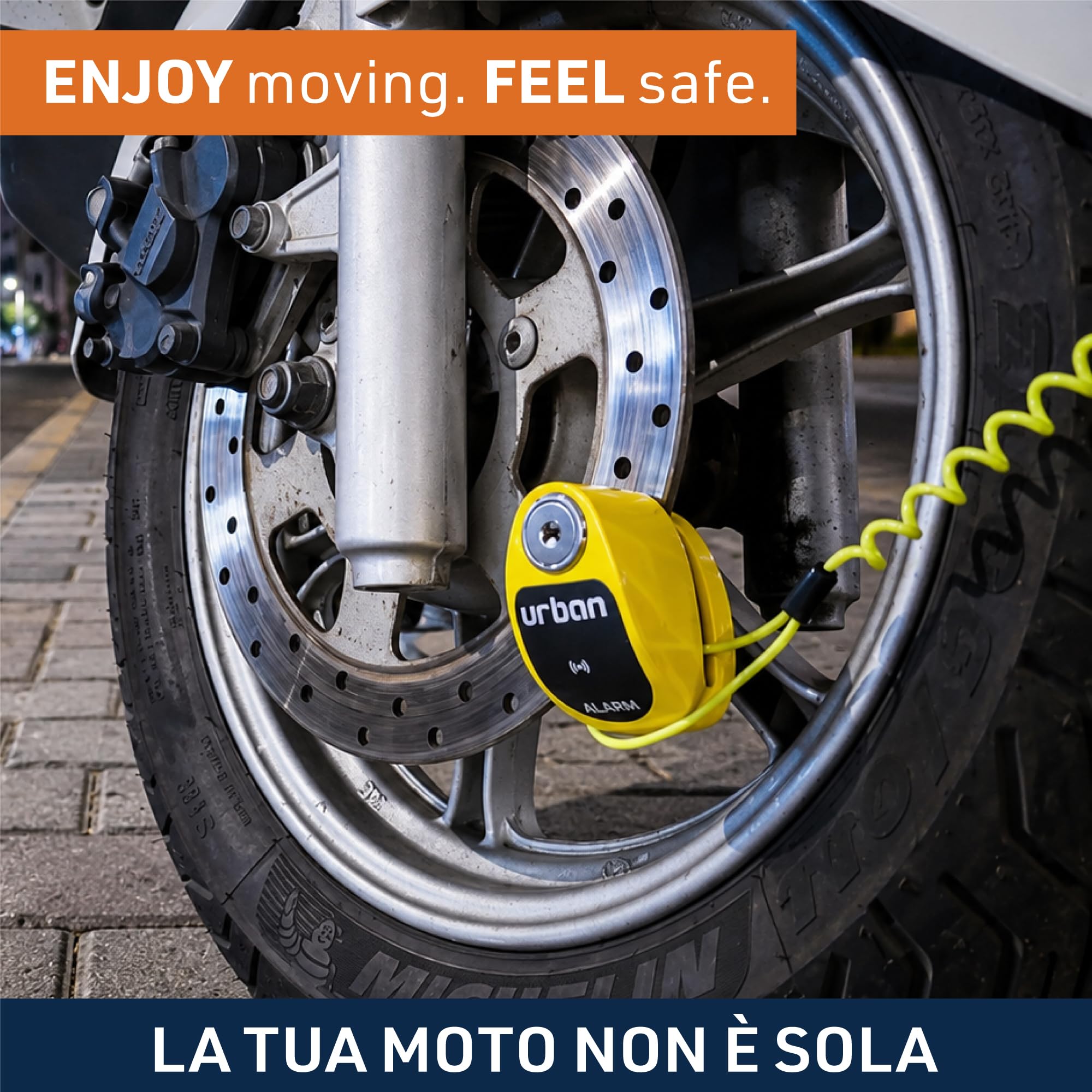 URBAN UR906Y Blocca Disco per Moto con Allarme 120dB Hi-Tech X2 ON, Modulo Impermeabile Sostituibile, Batteria CR2, Cavo Promemoria, Antifurto Bloaccadisco Universale Scooter Biciclette Monopattini