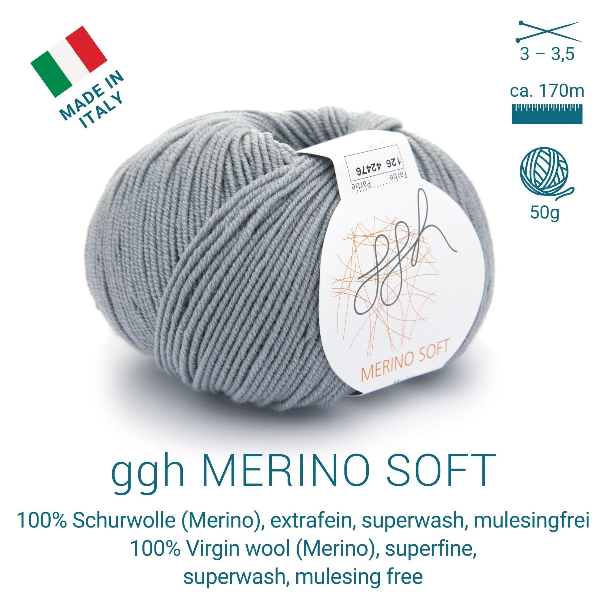 ggh Merino Soft Box - Ovillo de lana merino para tejer, 6 x 50 g (total 300 g), 170 m/50 g, color 126, gris medio