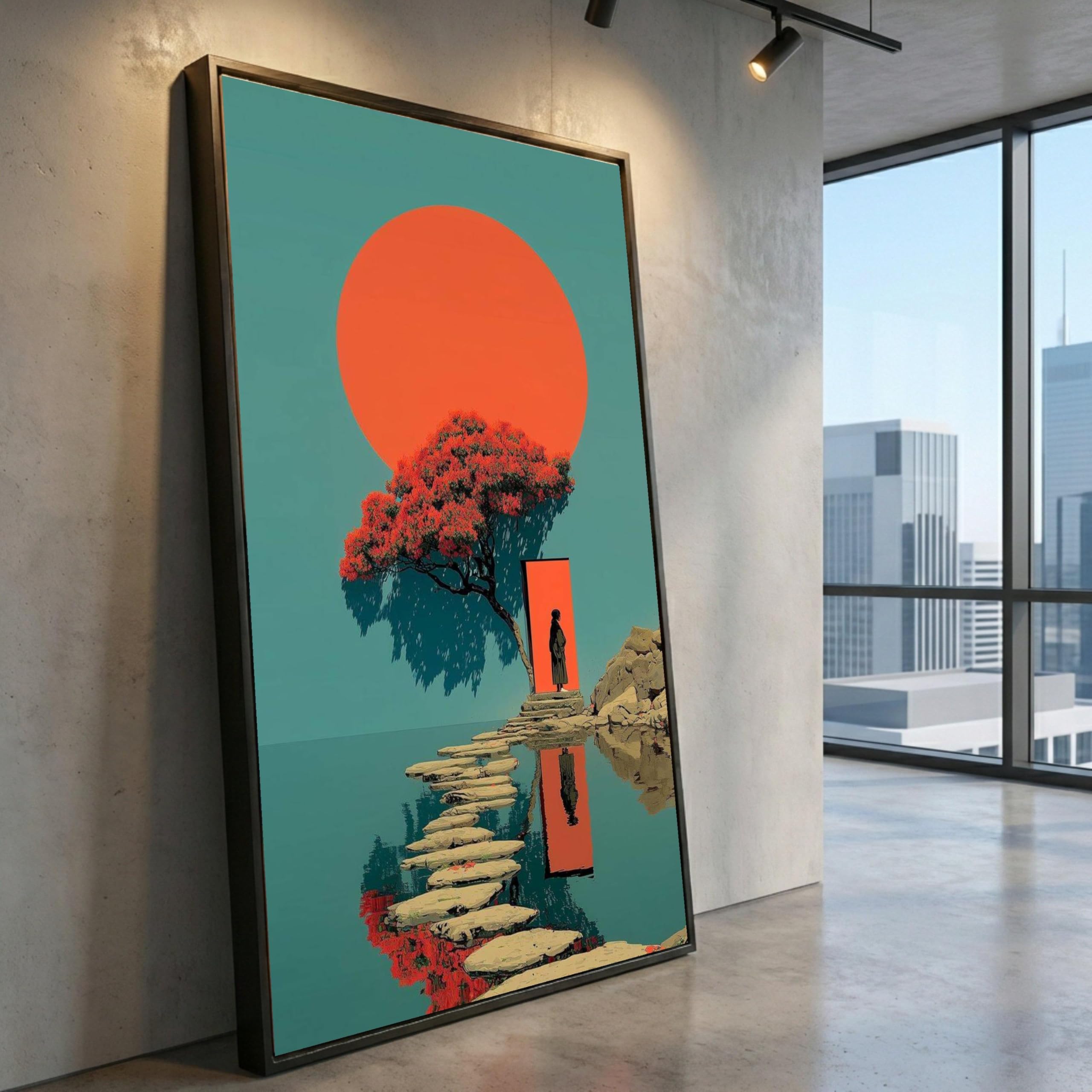 LMYCHENG Abstract Sunset Canvas Wall Art, Landscape Painting, Red Sun Tree Silhouette, Modern Nature Posters and Prints(70x130cm/Frameless)