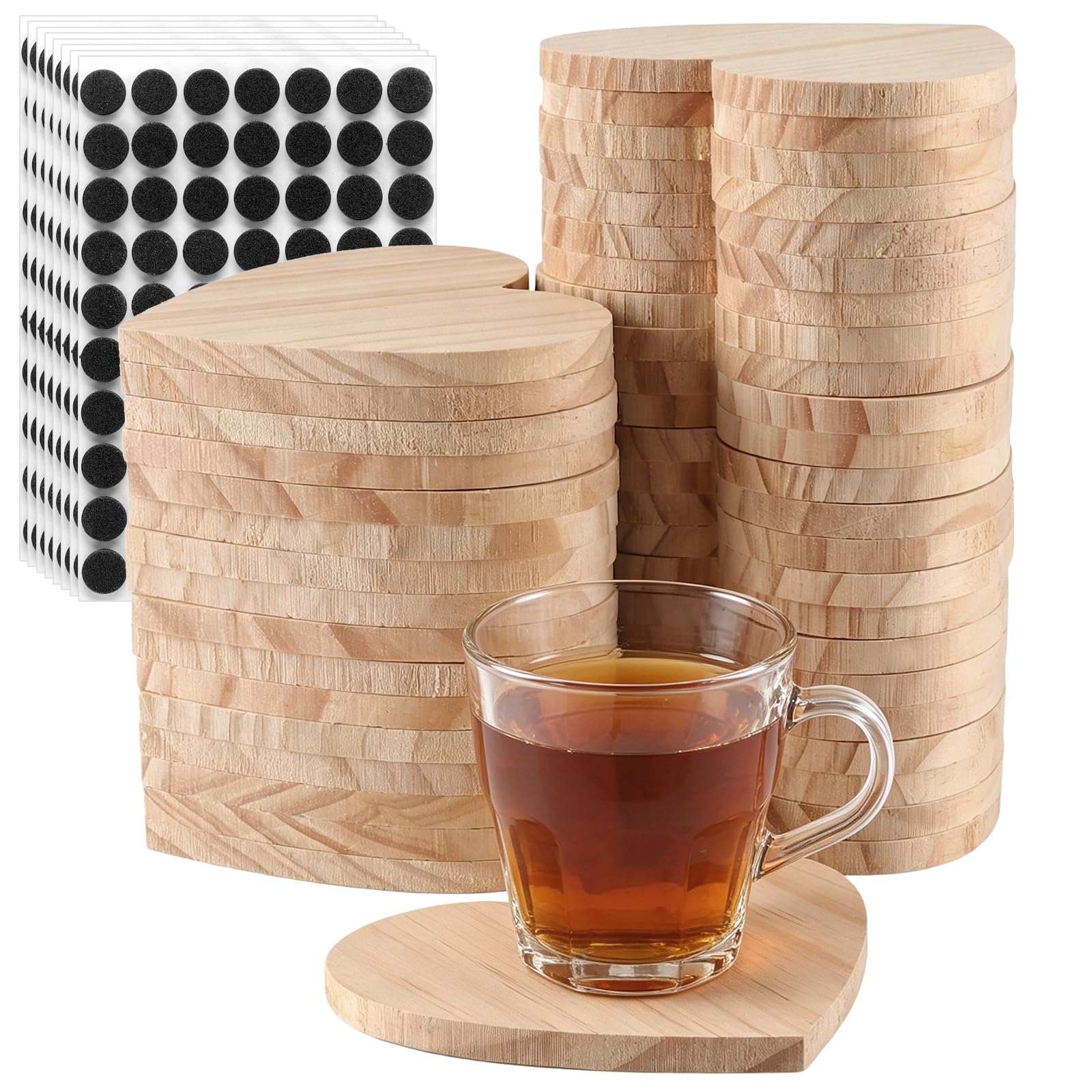 40 PCS 4 Inch Unfinished Wood Coasters Bulk,10x10cm Heart Blank Wooden Coasters with 160 pcs Non Slip Foot Mats for Craft, Engraving, DIY Painting — image 1