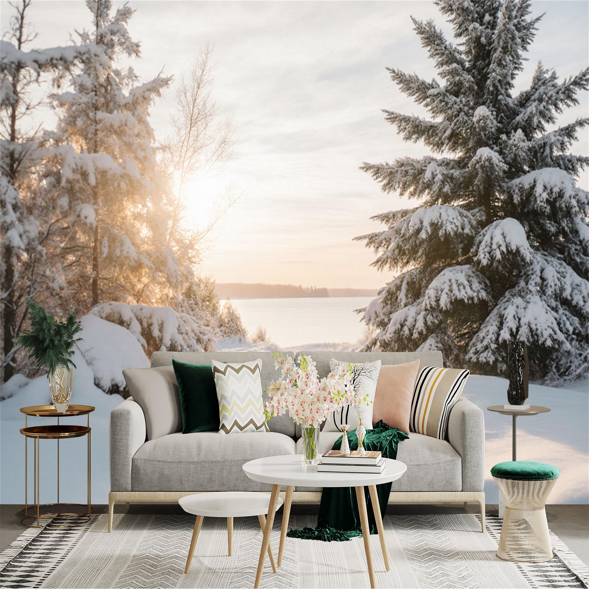 Custom Size Wall Sticker Mural， Snowy Forest Path， Winter Landscape at Sunrise， Calm Frozen Lake View， for wall Decoration， peelandstick wall Decals.