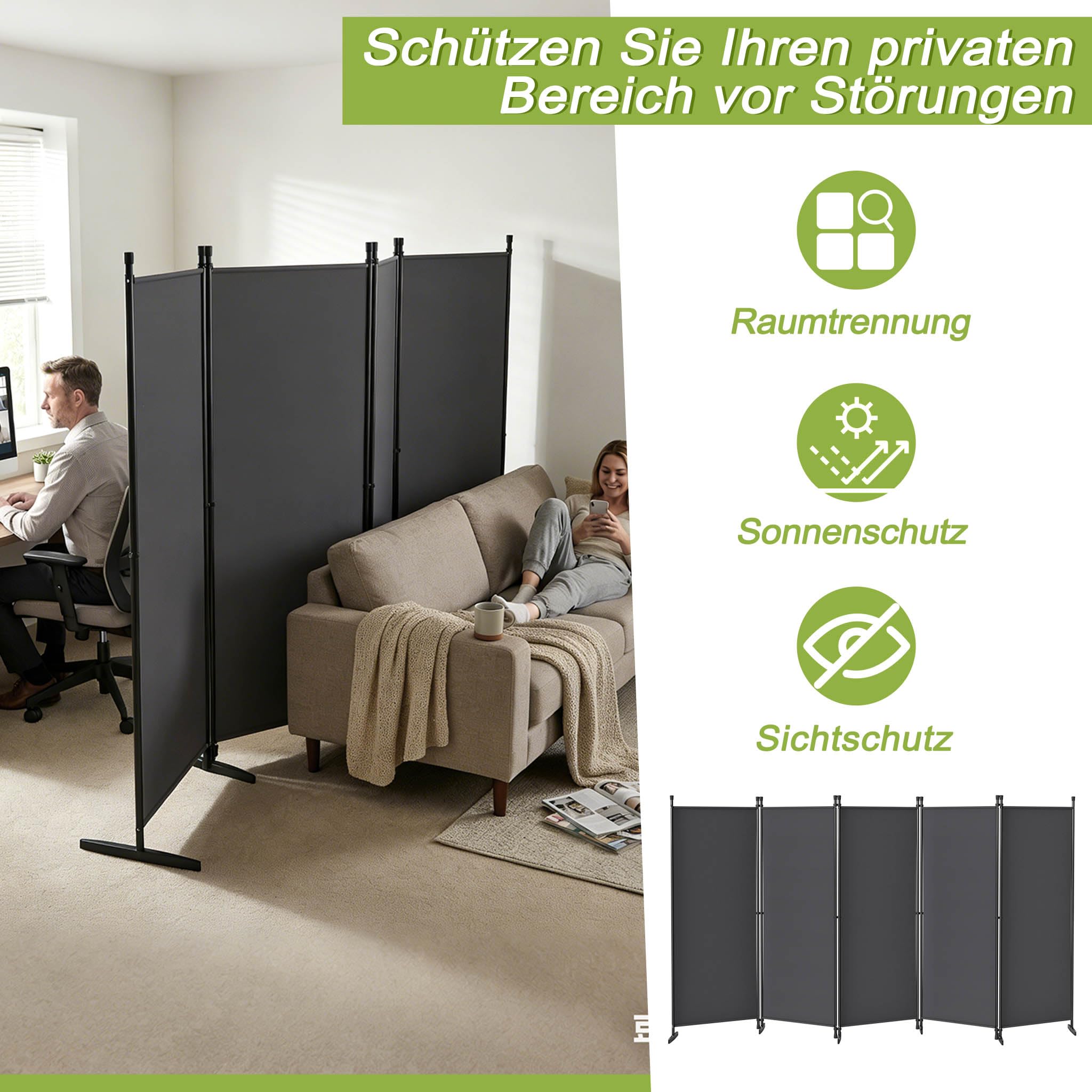 LZQ Paravent Raumteiler Klappbar Freistehend Sichtschutz Trennwand Faltbar Spanische Wand Stellwand Raumtrenner für Schlafzimmer Wohnzimmer Büro Balkon Innenbereich – 3 Teilig 240x180 cm Dunkelgrau