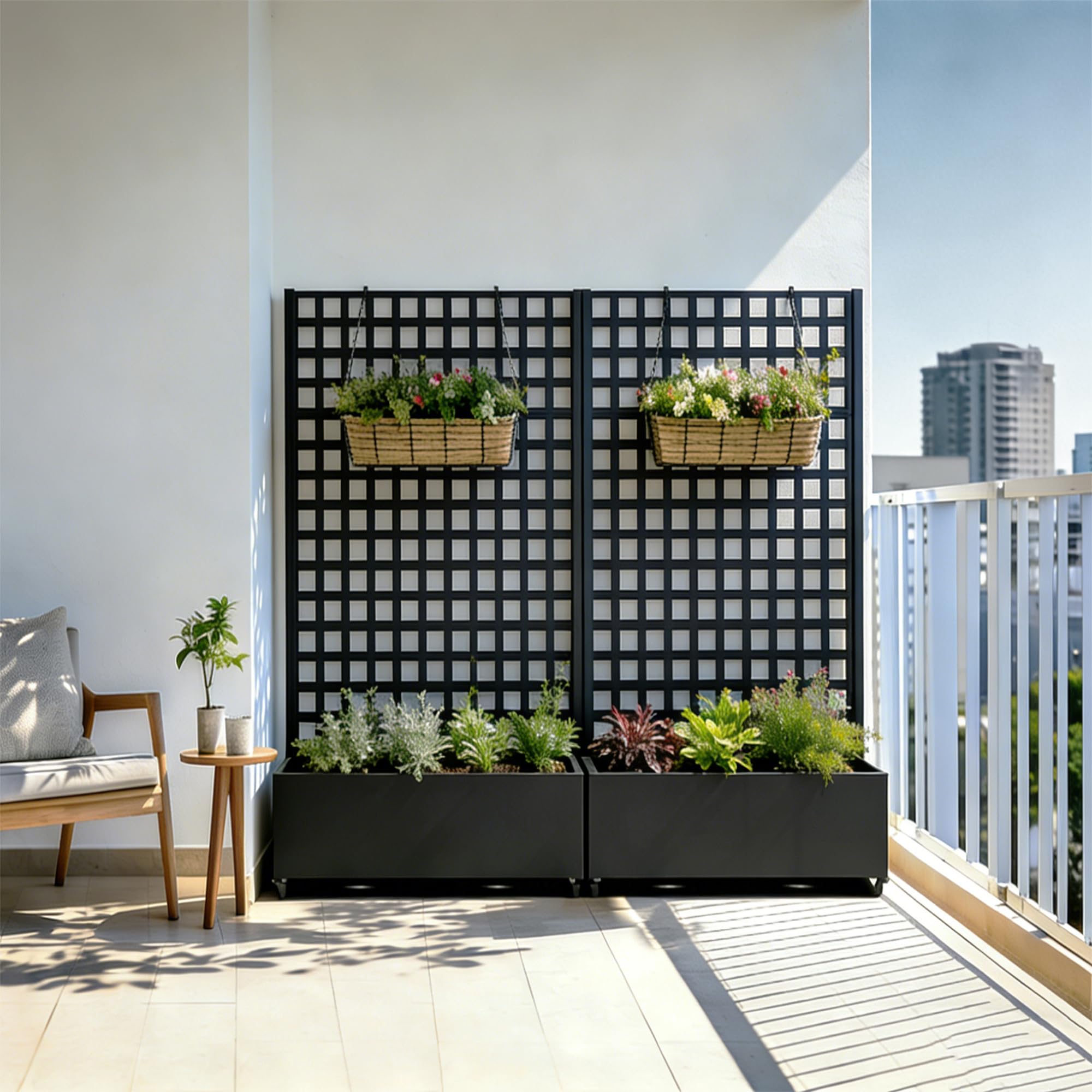 casa.pro Fioriera con Spalliera Portapiante Mobile con Pannello Grigliato Graticolato Parete Divisorio a 4 Rotelle da Interno e Esterno Separatore da Terrazza 190 x 82 x 38 cm Acciaio - Nero