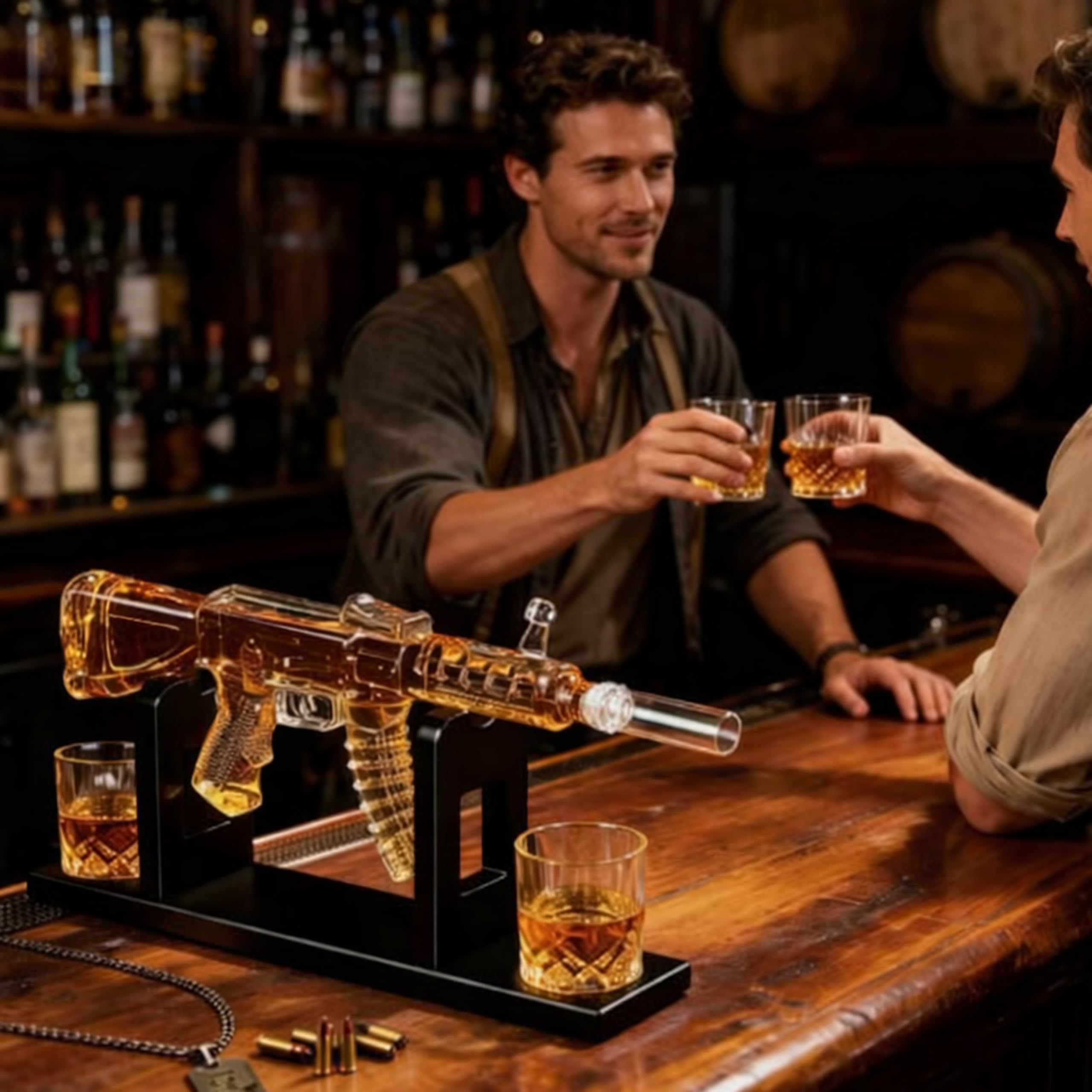 AK47 Kalaschnikow XXL - Juego de decantador de whisky (850 ml, jarra con 2 vasos de 225 ml, cristal y madera, forma de rifle sobre soporte de madera, hecho a mano), regalo para hombres, regalo del día