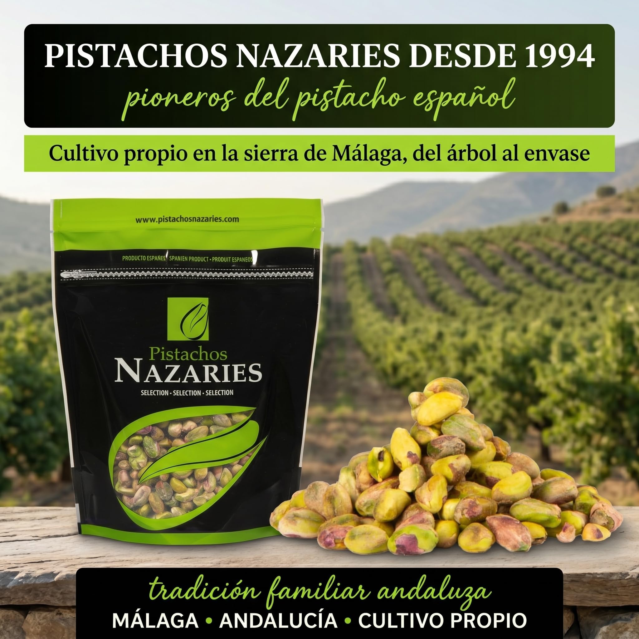 PISTACHOS NAZARIES Pelados Sin Cascara Sin Sal en Grano Natural 500 g 2x250 g Pistachos Españoles Frutos Secos Andaluces Cultivo Propio en Malaga Snack Saludable Aperitivo Reposteria Helado Bizcocho