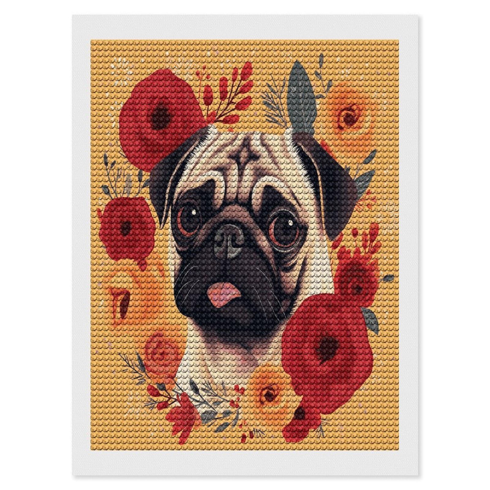 JTREHY Pug Flower Diamond Art Kits Personalized DIY Round Diamond Painting Kits for Beginner Full Drill Diamonds Dots Paintings for Adults Gem Art Crafts Home Decor