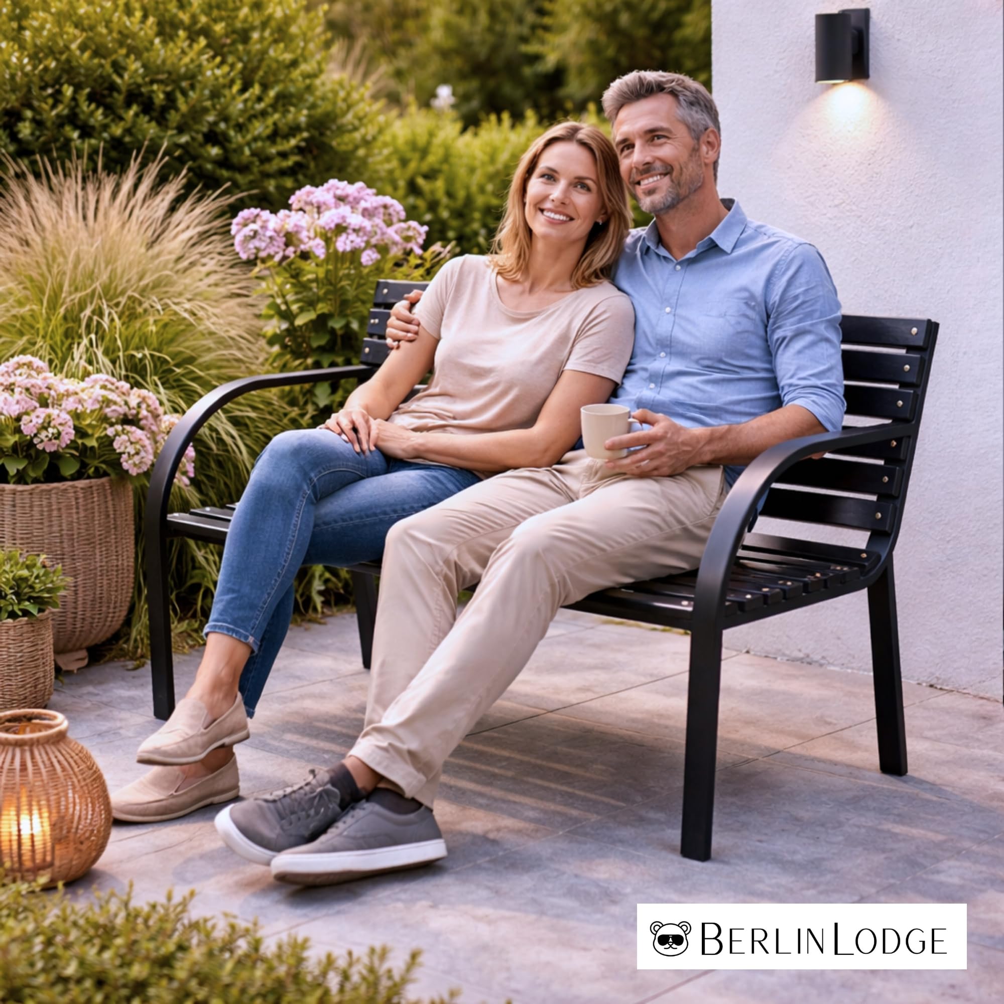 Berlinlodge Gartenbank Santorini Holz & Metall 2-Sitzer, wetterfest, rustikal & massiv, 82 x 120 x 58 cm, Schwarz, Balkonbank, Holzbank, Wintergarten Gartenmöbel, Sitzbank, Garten Balkon & Terrasse