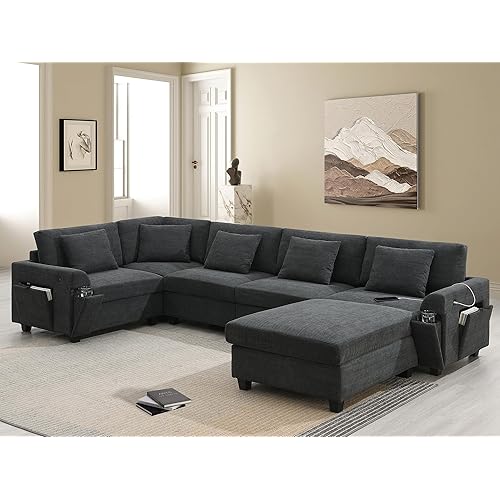 7 Seater Oversized Sectional Sofa Convertible L / U Shaped Couch for Living Room, Chenille Upholstery Reversible Sofa&Couches with Movable Ottoman , Hidden Armrest Storage and Cup Holders,USB Ports