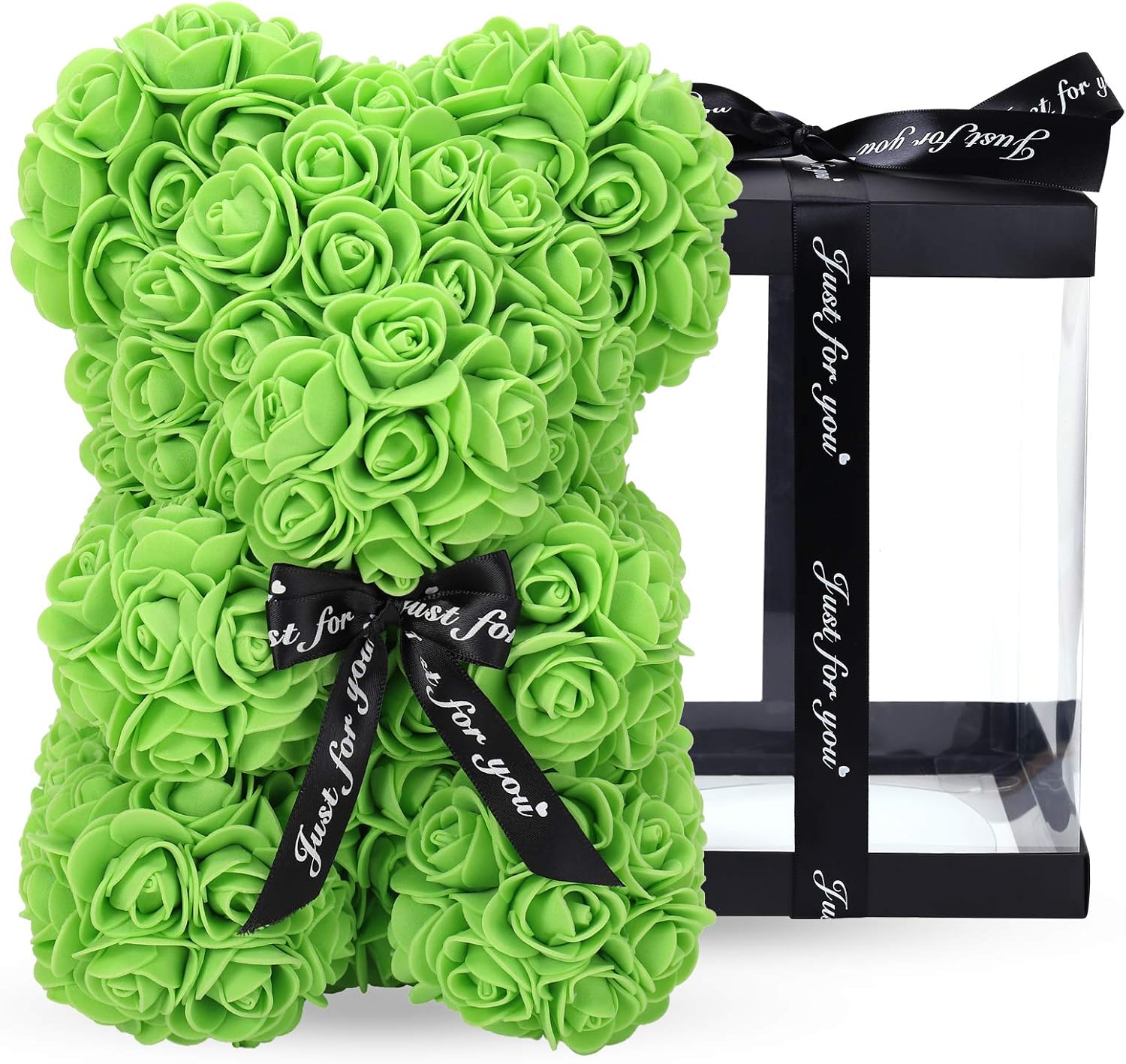 LINKLO Rose Bear Rose Teddy Bear -10 inch Artificial Rose Flower Bear, Gift for Wedding, Mothers Day and Anniversary, Including Transparent Gift Box (Green)