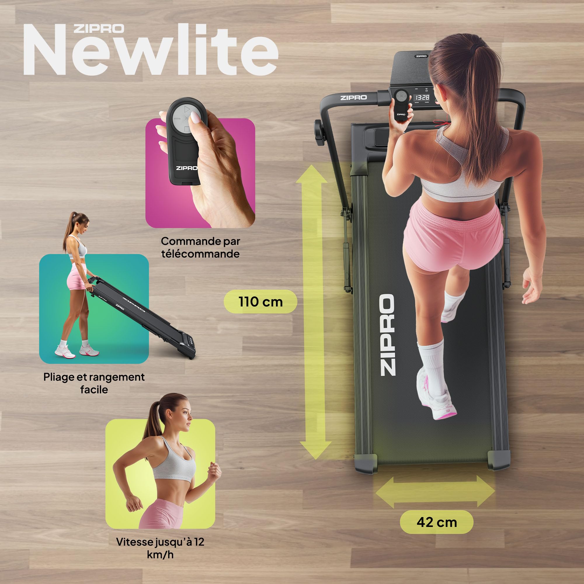 ZIPRO Newlite Tapis de Course Pliable, Walking Pad, Deux Modes d’Entraînement, Design Compact FlatFold, Vitesse 1-10 km/h, Capacité jusqu'à 110 kg, Amorti Easy Walk, Moteur Silencieux, Écran LED