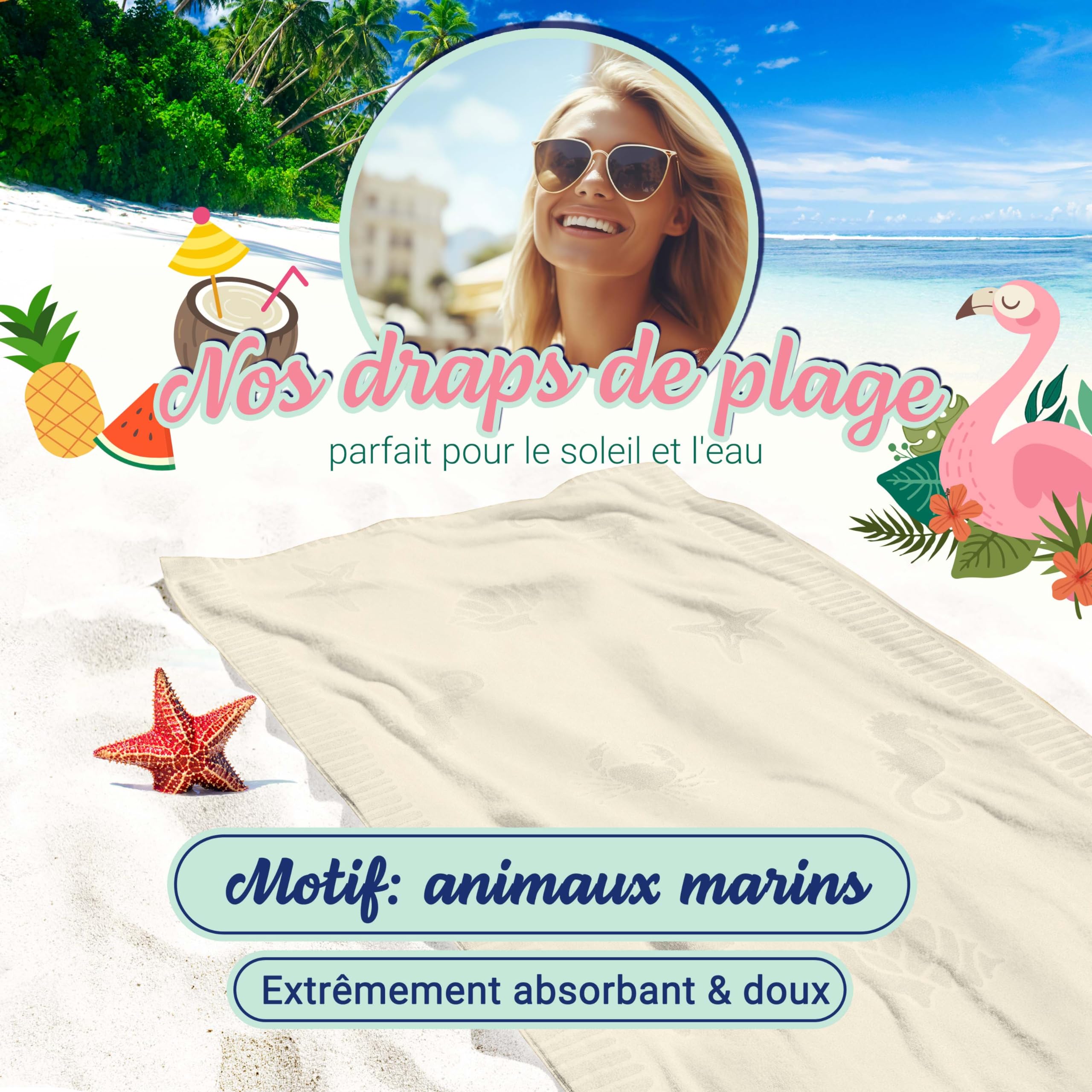 ZOLLNER Serviette de Plage - Serviette agréable pour la Peau et très absorbante en 100x200 cm - Lavable jusqu'à 60°C - Coton - Beige - Motifs d'animaux Marins tissés - certifiée Oeko Tex®