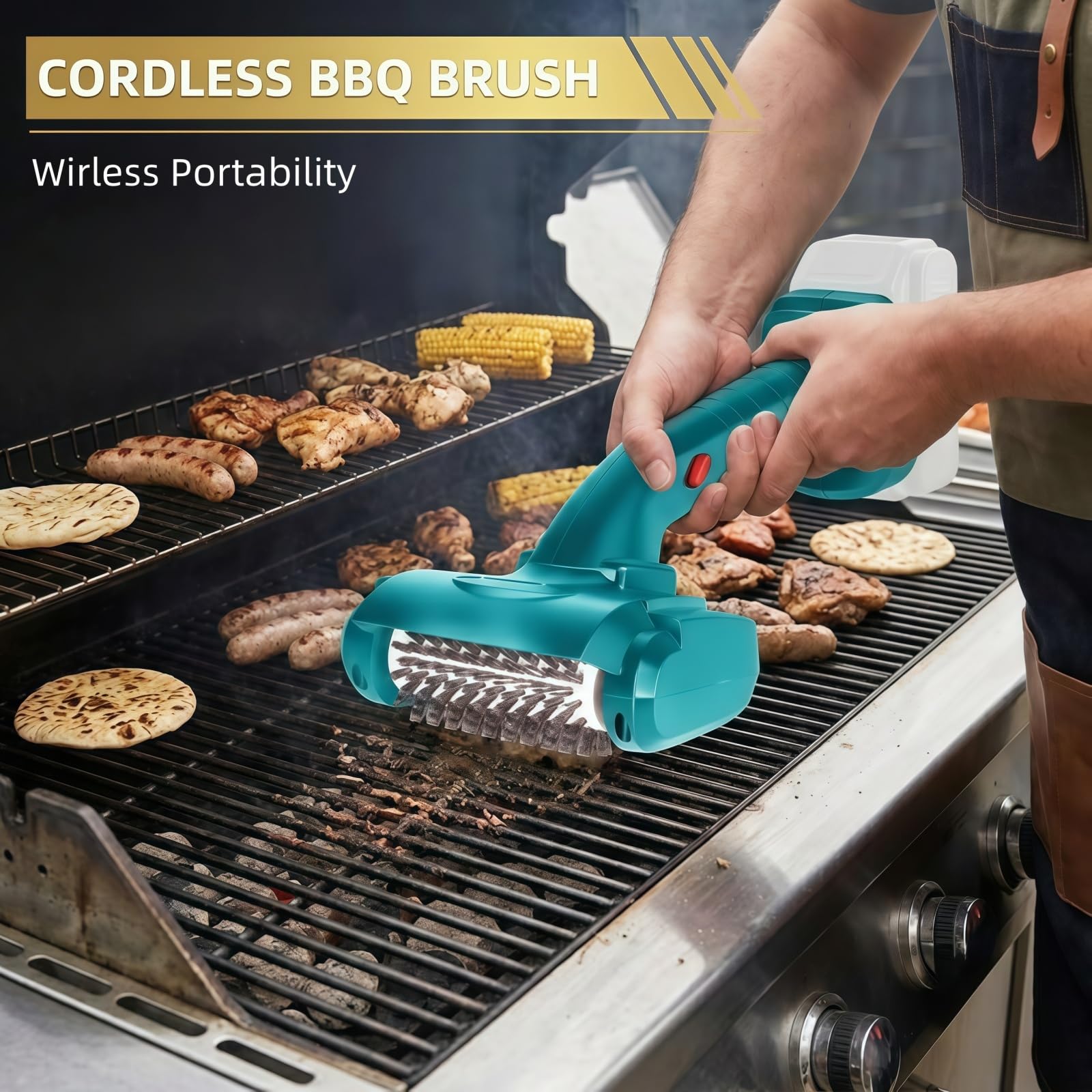 Elektrische Grillbürste Kompatibel mit Makita 18V Akku, Grillreinigungsbürste mit 360° drehbarem Edelstahl-Bürstenkopf & Nylon-Bürstenkopf, für Grillroste und Herdplatten (ohne Akku)