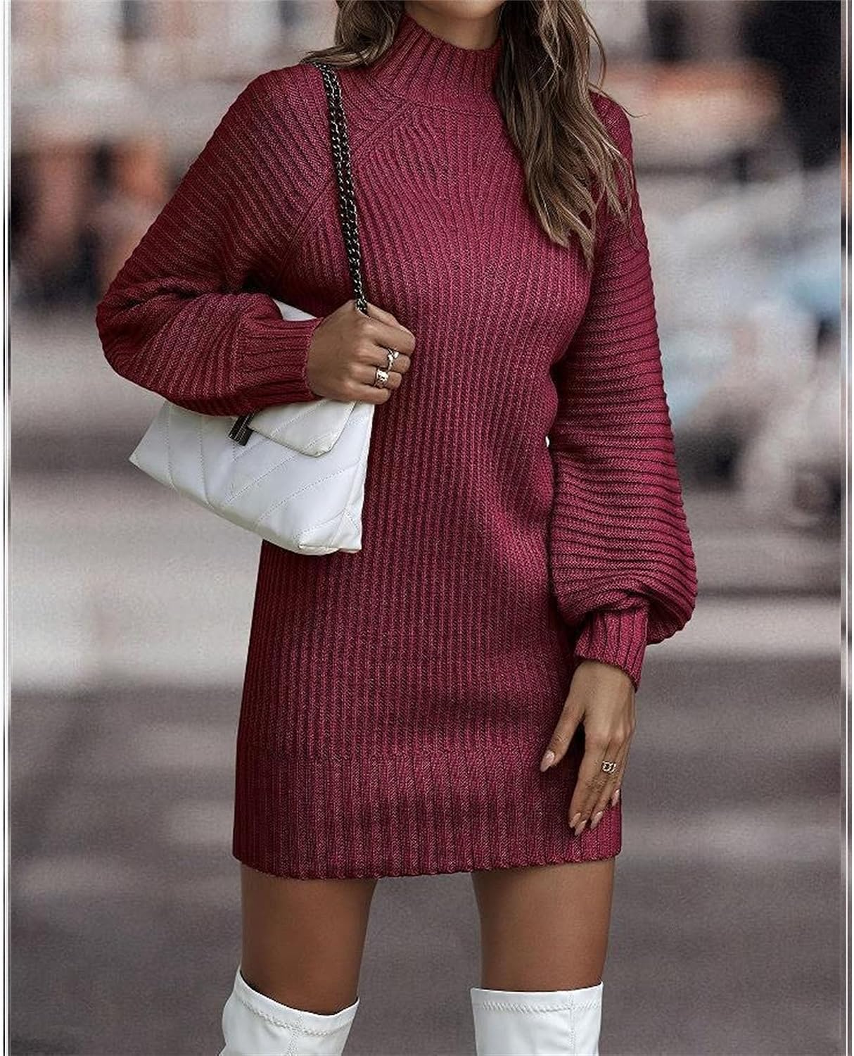 Generic Women'S 2024 Ribbed Long Sleeve Sweater Dress High Neck Slim Fit Knitted Midi Dress Casual Solid Bodycon Dresses