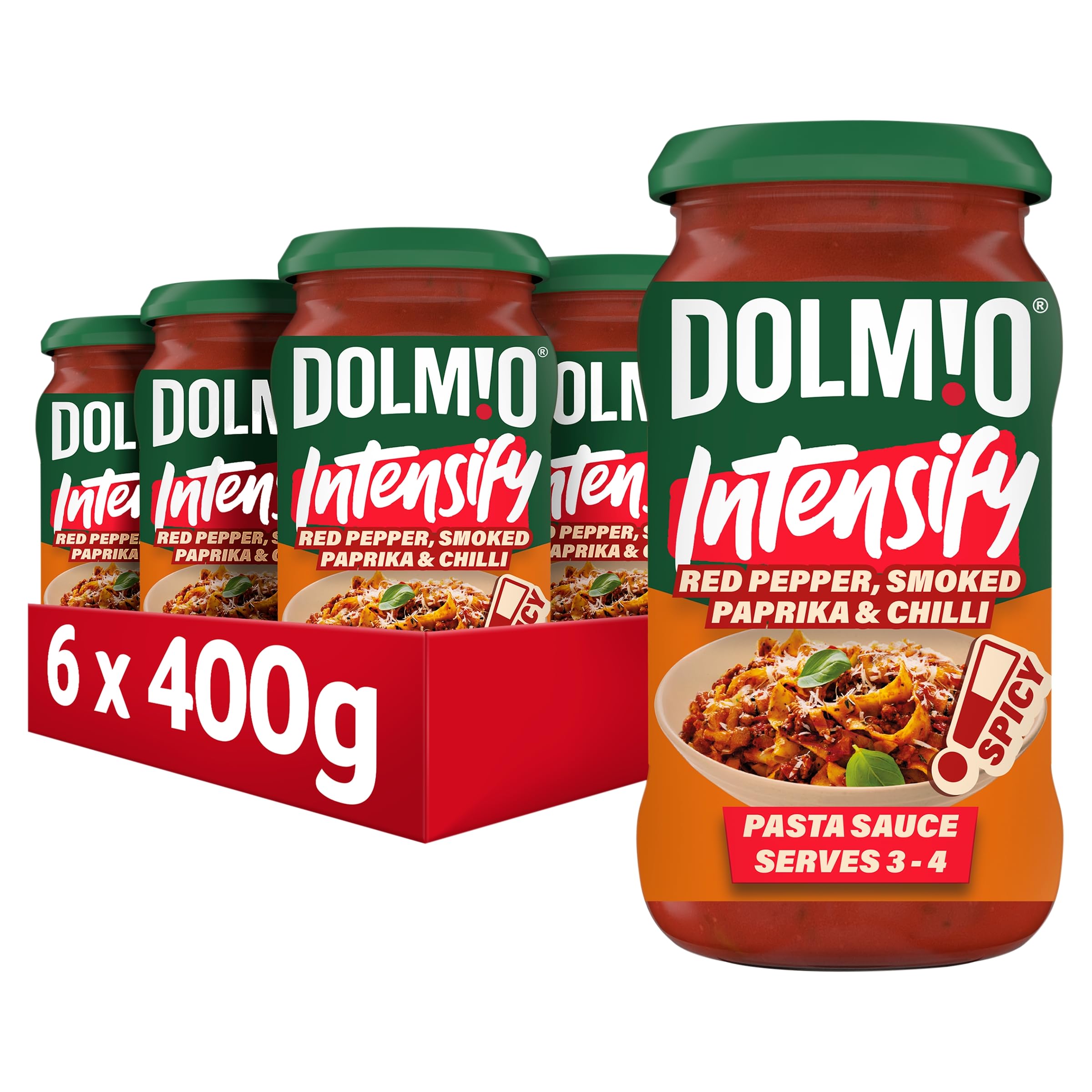 Dolmio Intensify Spicy Red Pepper Smoked Paprika & Chilli Pasta Sauce Jar, perfect for a quick pasta meal for 3-4, Bulk Multipack 6 x 400g