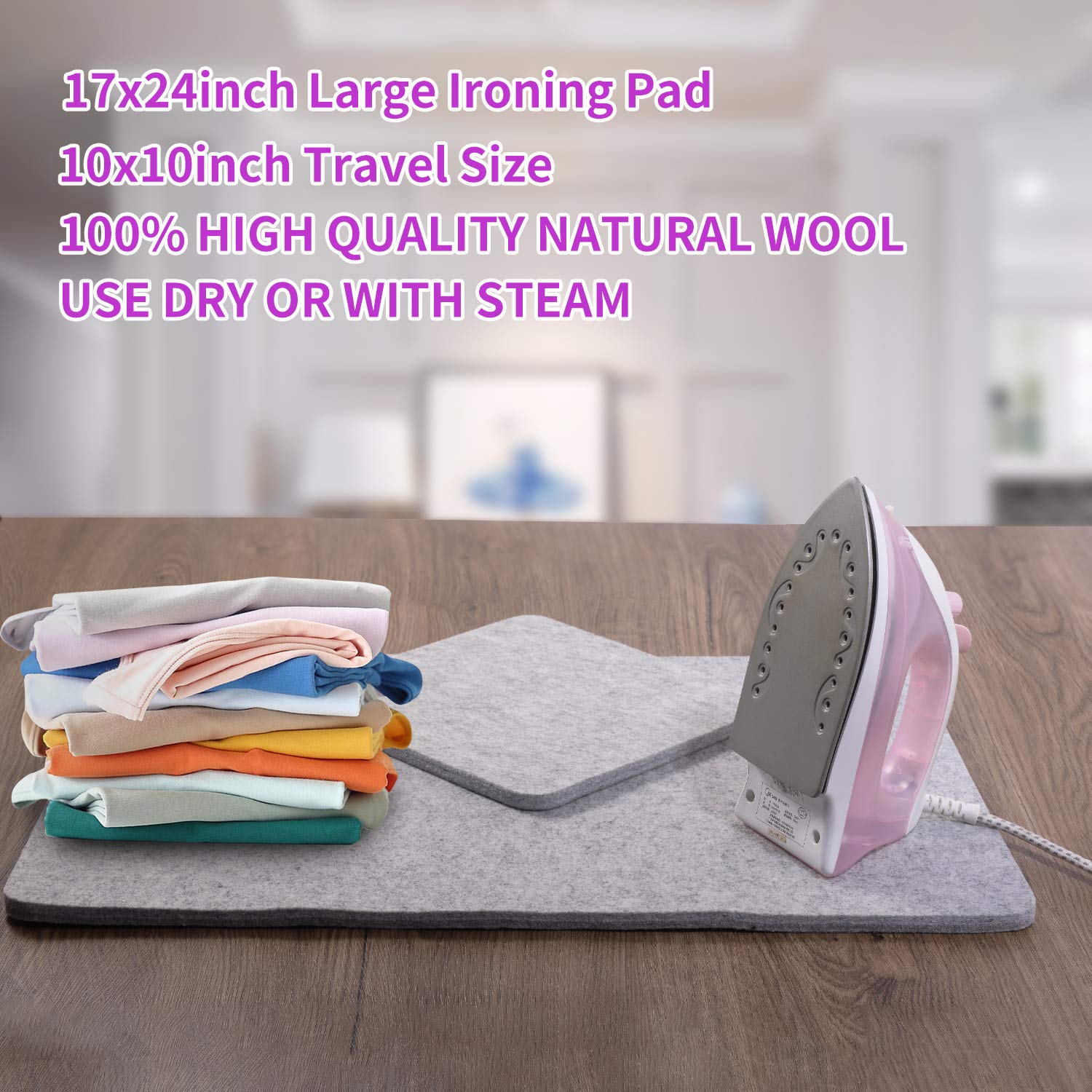 Alfombrilla de prensado de lana de 43 x 61 cm para acolchar tamaño grande y 25,5 x 25,5 cm, tamaño portátil, almohadilla de planchado 100% lana con tijeras, cinta, funda de almacenamiento de