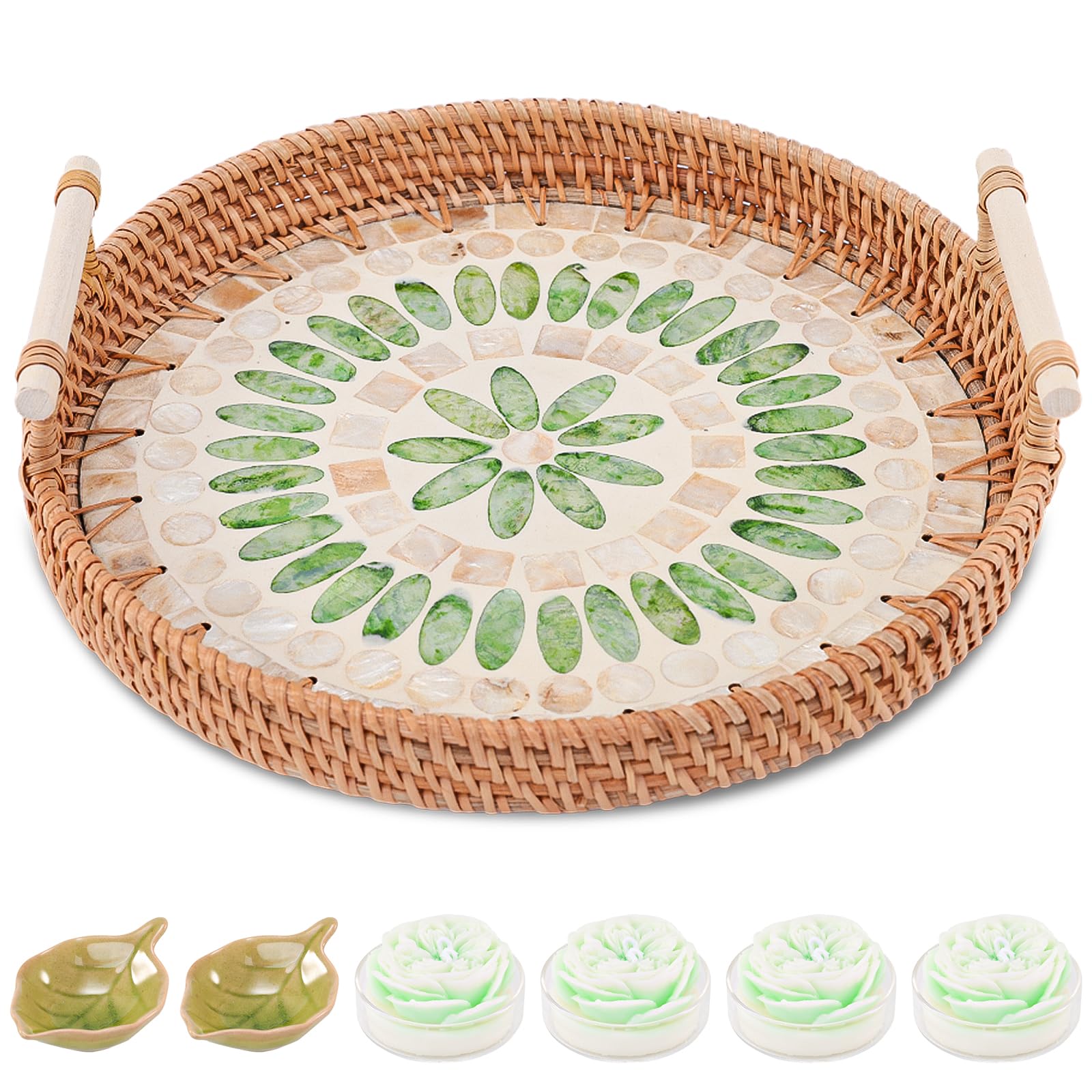 Round Rattan Serving Tray with Mother of Pearl Inlay and Handle, Hand Woven Round Rattan Tray for Home Decor, Coffee Table Tray, SPA Massage Room(11 inch)