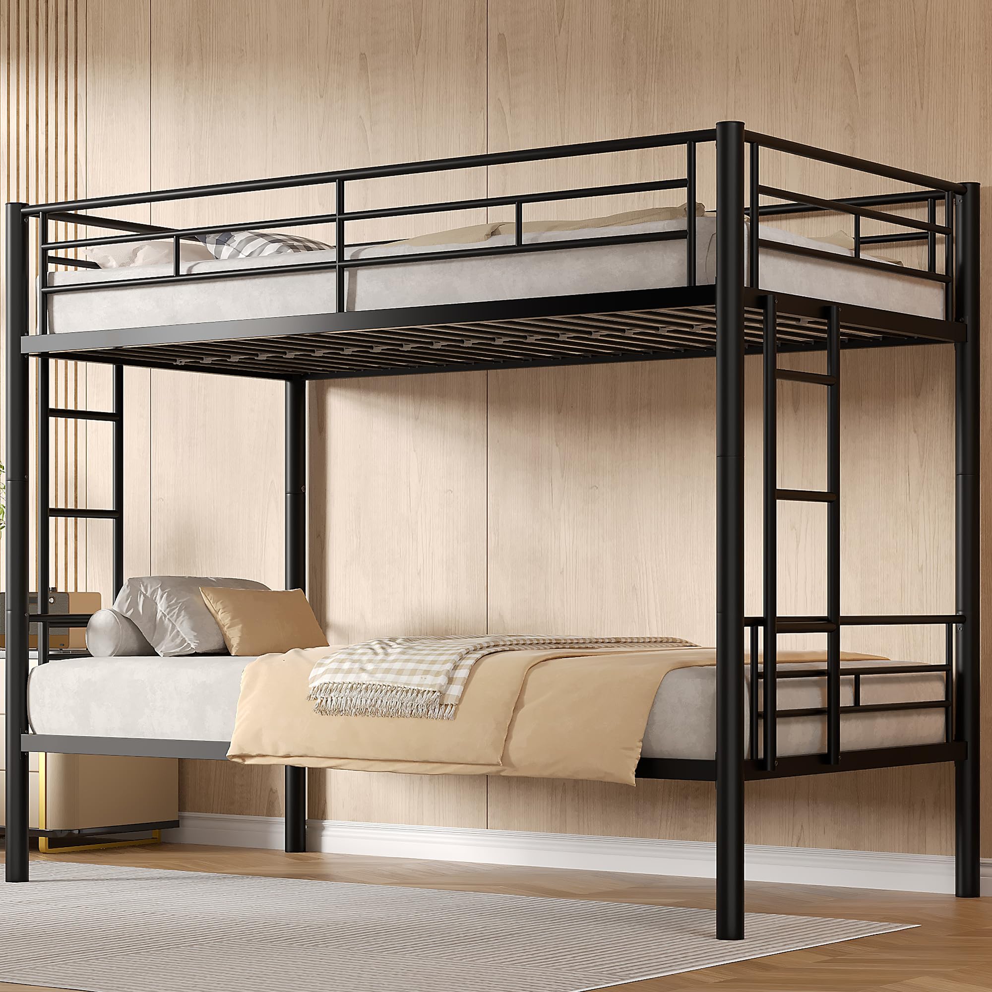 vecelo bunk bed twin over twin, metal bunkbeds with ladder and full-length guardrail, no box spring needed, space saving, noise free, black