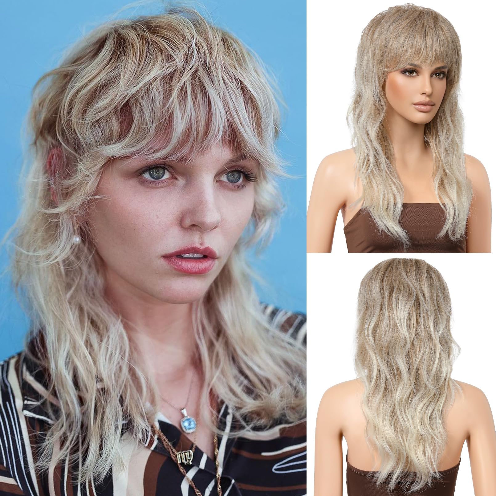 Flufymooz Mullet Wigs for Women, Wolf Cut Wig With Bangs Short Blonde Mullet Wig Natural Looking Synthetic Layered Wig for Party Halloween Cosplay and Daily Use (Light Blonde Mixed White Blonde)
