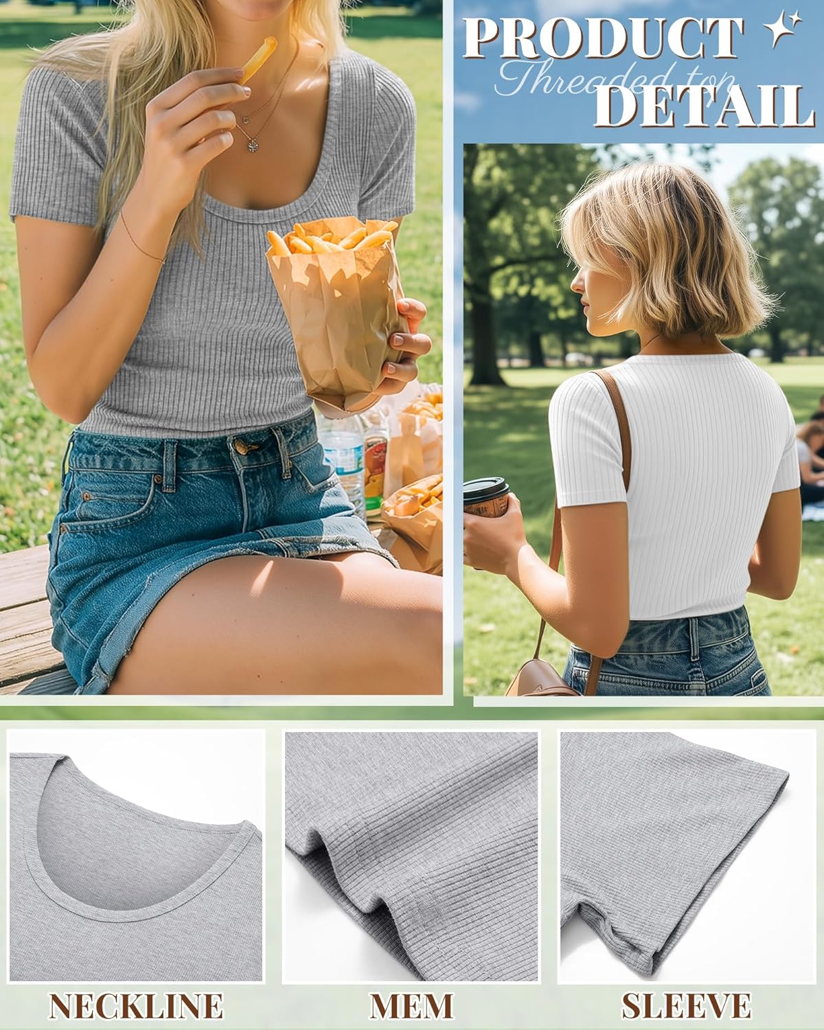 Neer 3 Pack Fitted Ribbed Scoop Neck T-Shirts for Women, Tight Short Sleeve Tops Slim Basic Tee Trendy Summer Blouses - Image 5