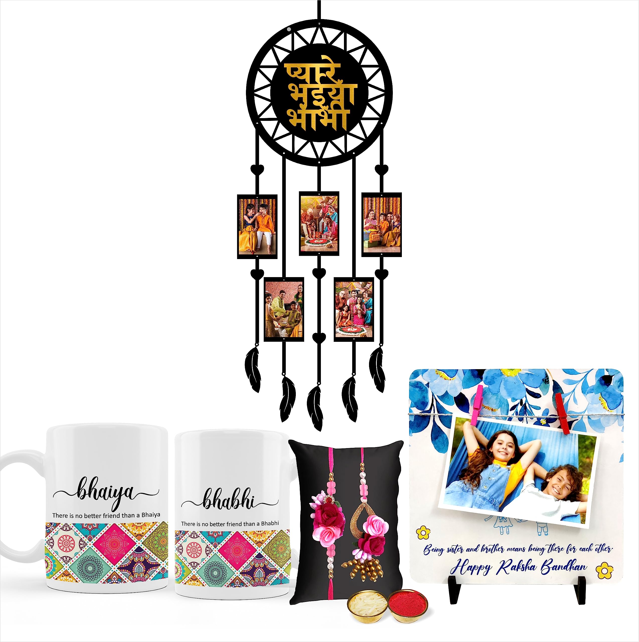 ColorSplash Rakhi Gift Combo - Rakhi for Brother & Self Customize Photo Frame, Photo Dream Catcher (Wood) with Bhaiya-bhabi Design Mugs and KumKum Chawal - 1 Pc. for Rakhi Festival-image-12