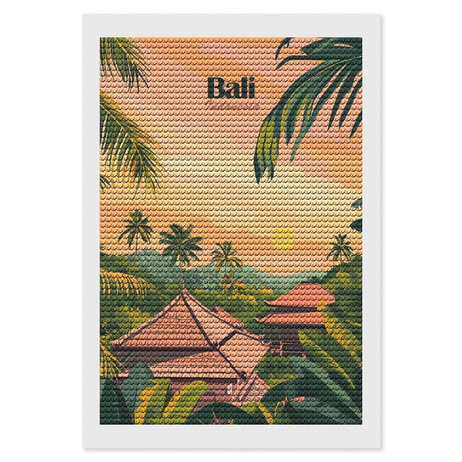 Junmoney Bali, Indonesia Travel (6) Full Drill Diamond Painting Kit 8"x12", for Teens, Adhesive Canvas, Bedroom Decor, Holiday Gift Idea