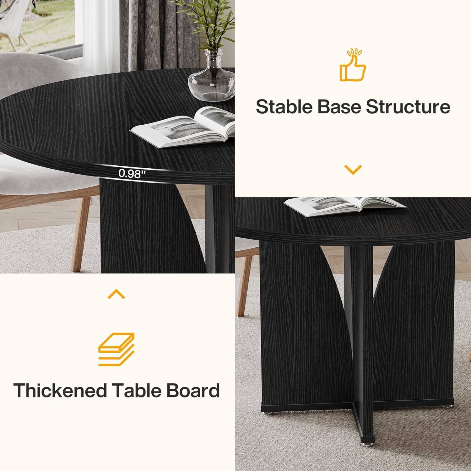 Close-up of the table's stable base structure and thickened tabletop board.