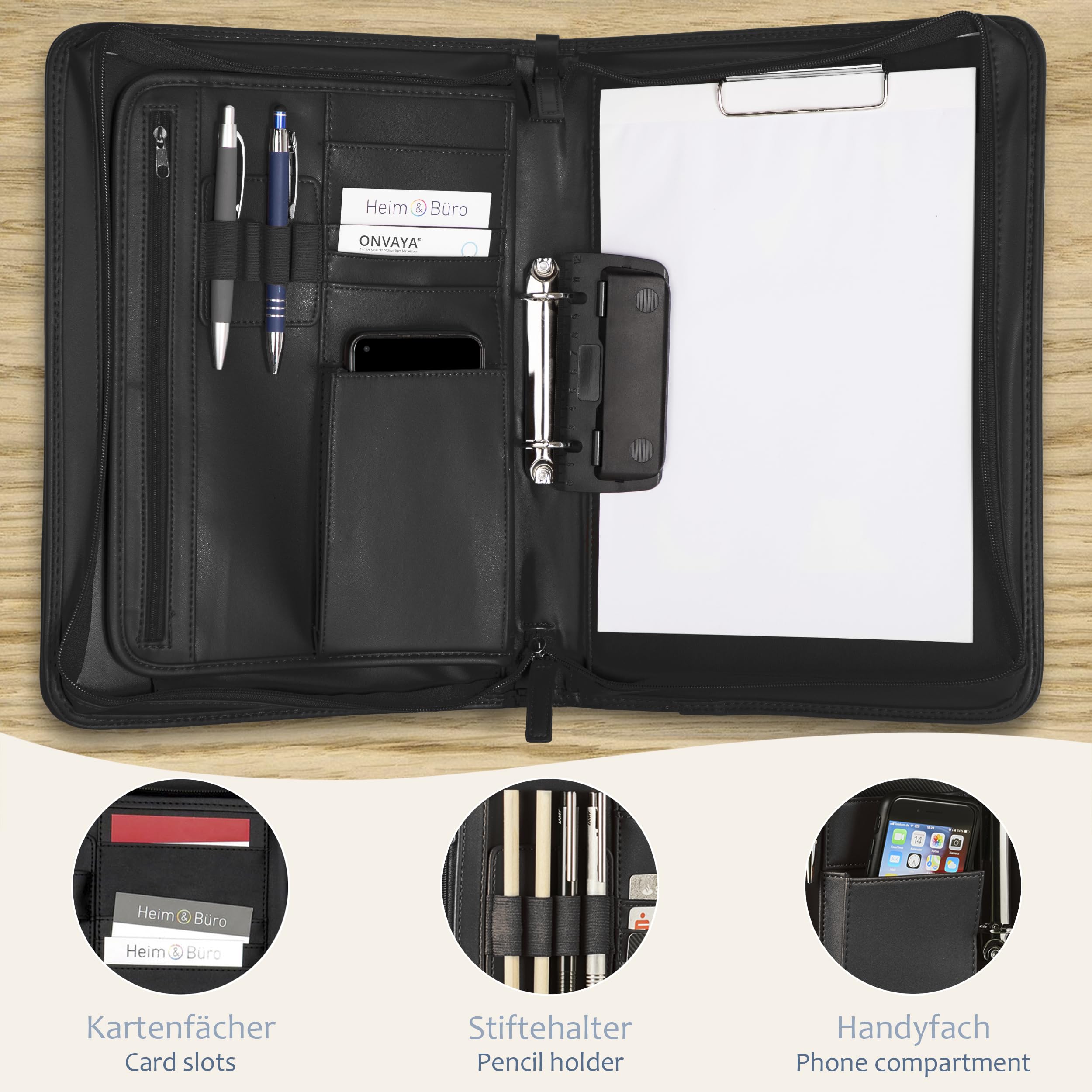 ONVAYA® cartella per conferenze A4 | nero| argento | cartella d'affari | valigetta | valigetta con tampone | similpelle resistente | cartella documenti