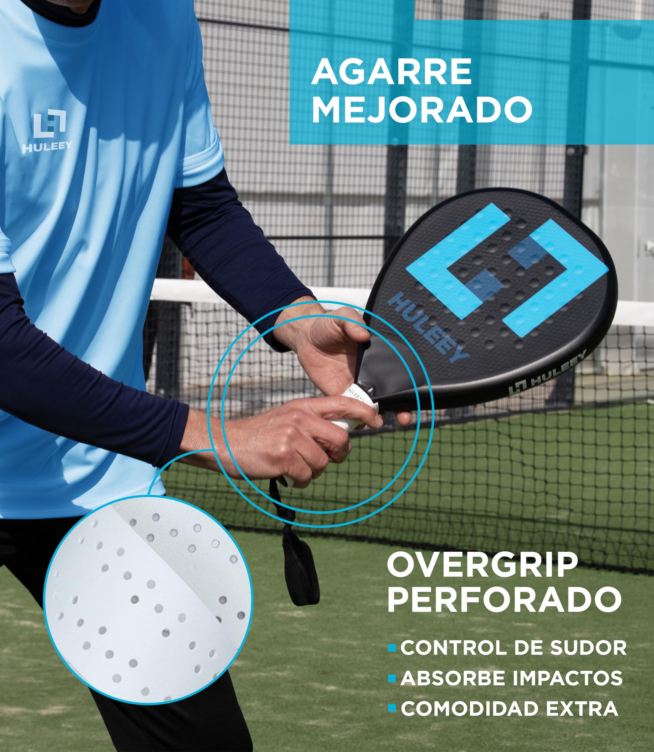 HULEEY Overgrips Pádel Blanco Perforado – Packs 6/12/20/60 – Antideslizante Extra-Adherente – Alta Absorción – Incluye Protector de Pala — view 2