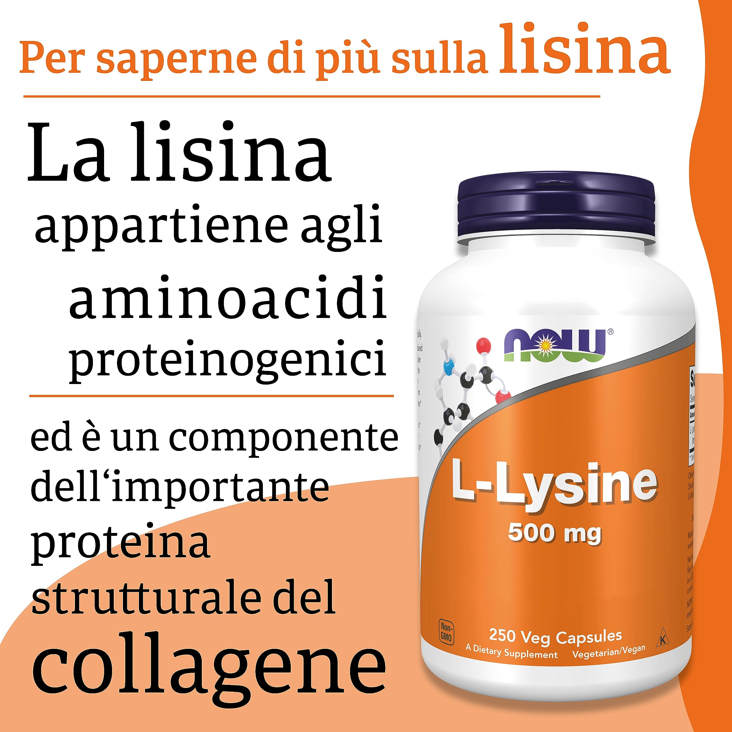 Now Foods, L-lisina, 500 mg, 250 capsule vegane, aminoacido