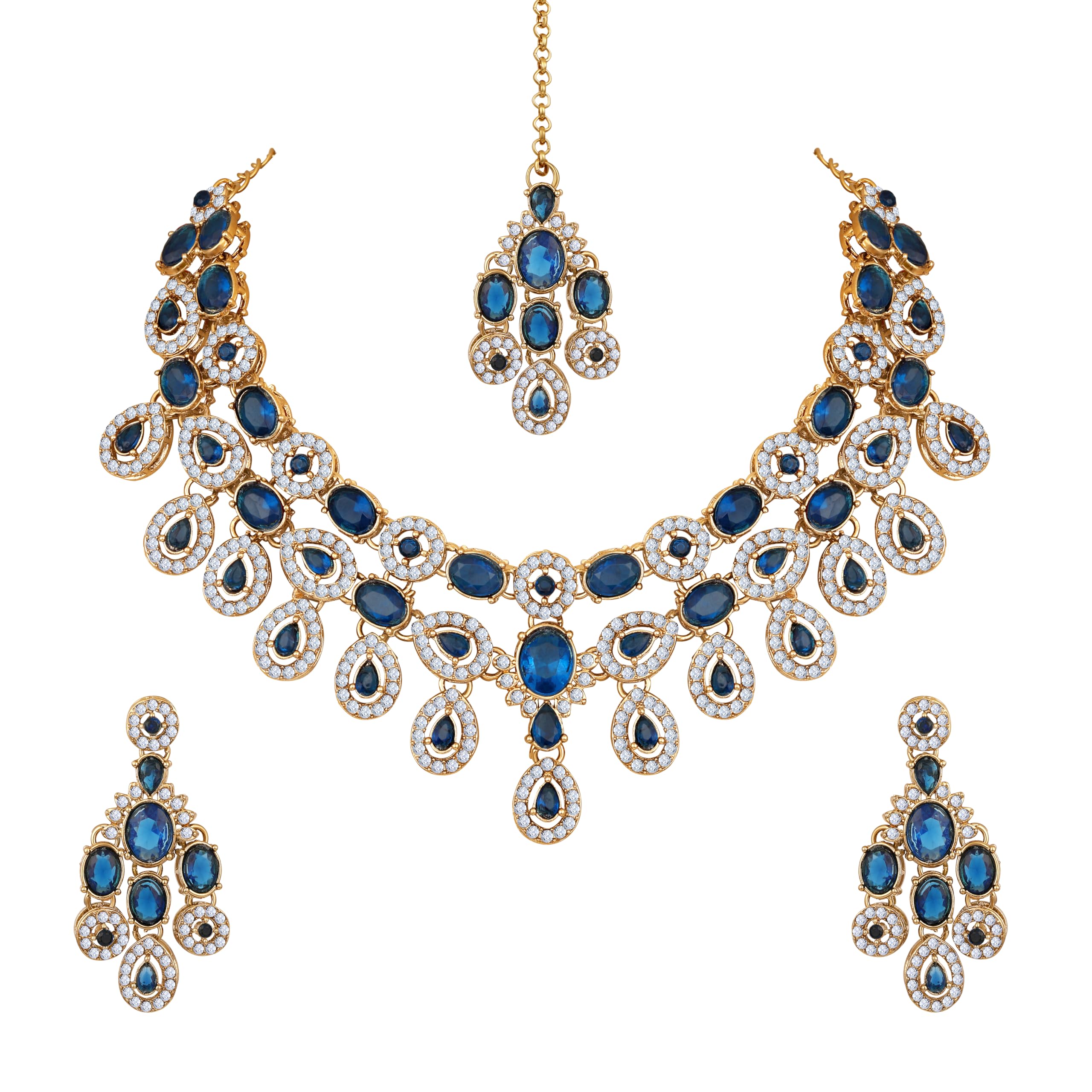 AD Diamond Style Silver Plated EMerald Green Crystals Necklace with Earrings and Maang Tika Jewellery Set for Women Suited for Party, Wedding, Engagement-image-23