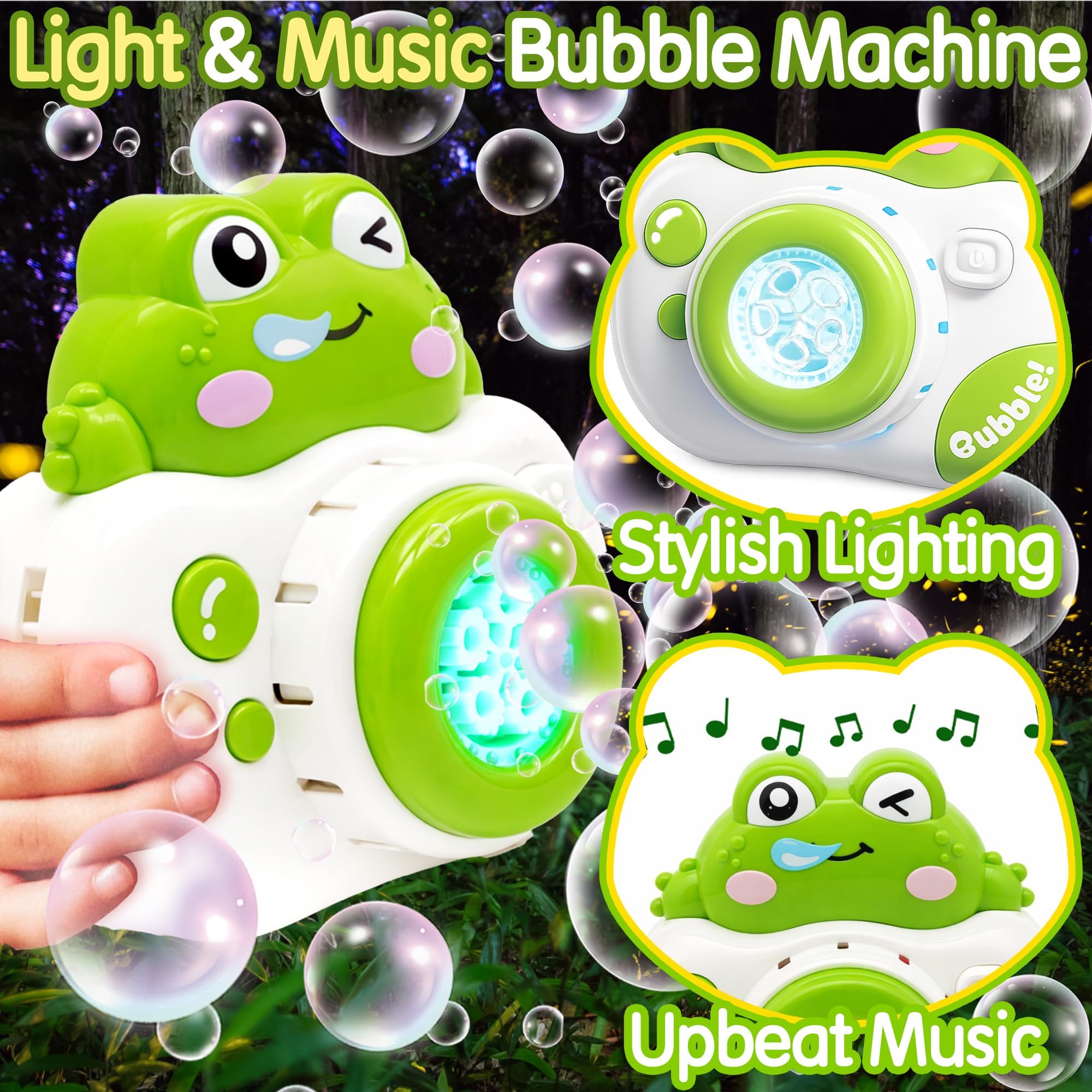 Máquina de Burbujas Rana Cámara, Máquina Automática de Burbuja con Sonido y Luz, Maquina Pompas Jabon con Concentrado de Burbujas, Juguete para 3-8 Años Niños Fiesta Cumpleaños al Aire Libre Regalo