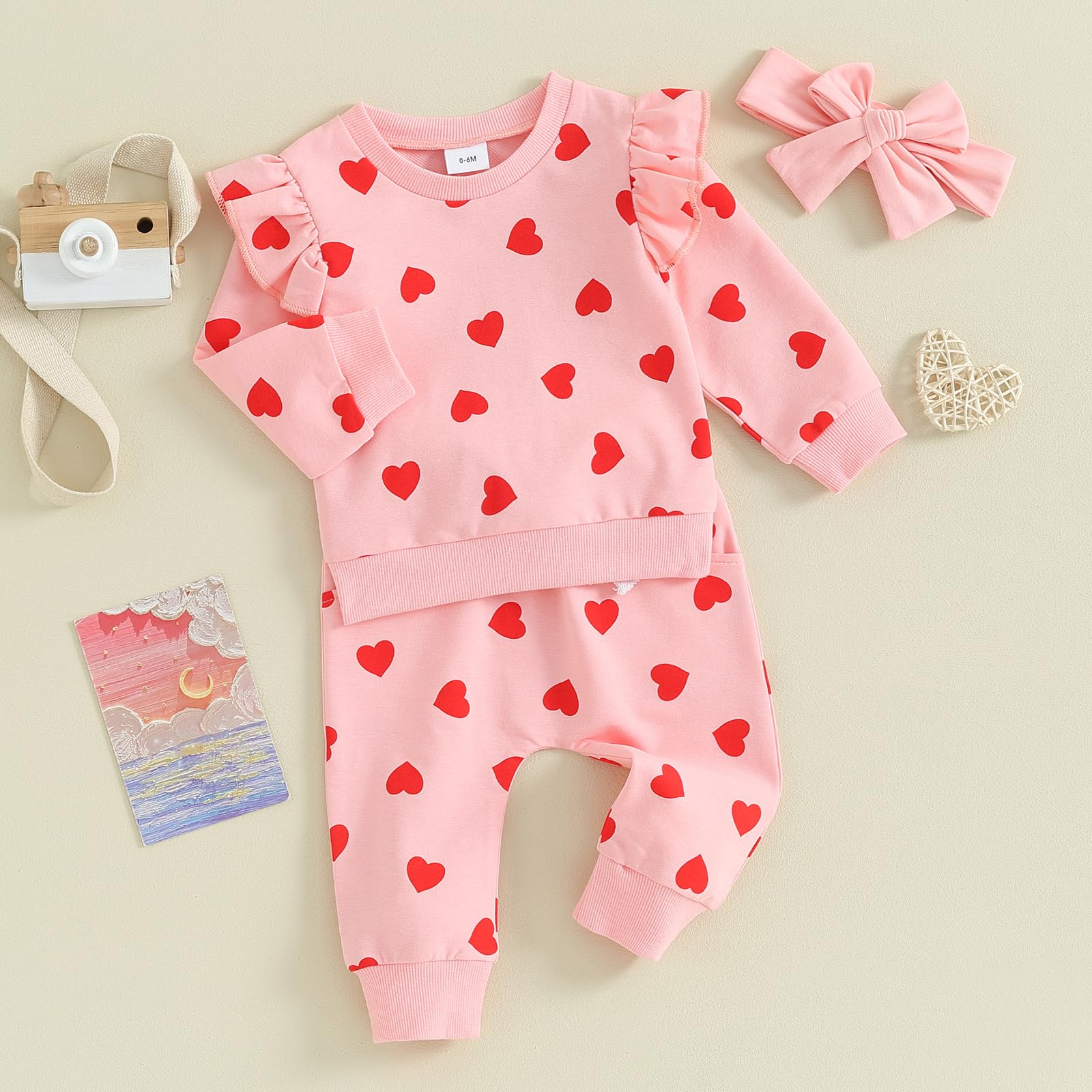 Gueuusu Baby Valentines Outfit Girl Heart Outfits Ruffle Long Sleeve Sweatshirt and Pants Toddler Girl Valentines Outfit (Pink Heart, 12-18 Months)