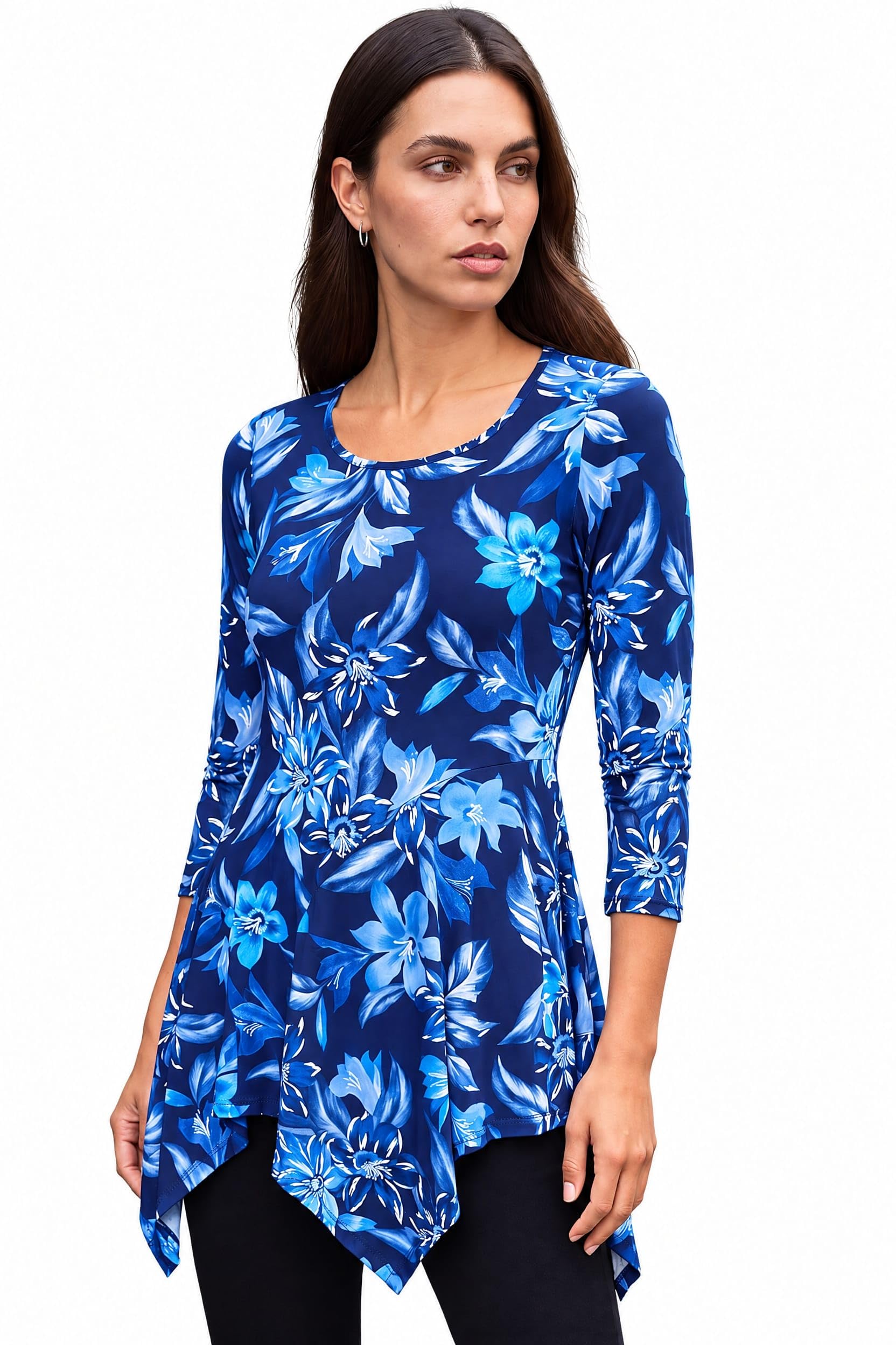 Roman Originals Women Asymmetric Top Ladies Hanky Hem Blouse Stretchy Tunic Occasion Smart Casual Summer Sprint Winter Autumn Cocktail Party Evening 3/4 Short Sleeve