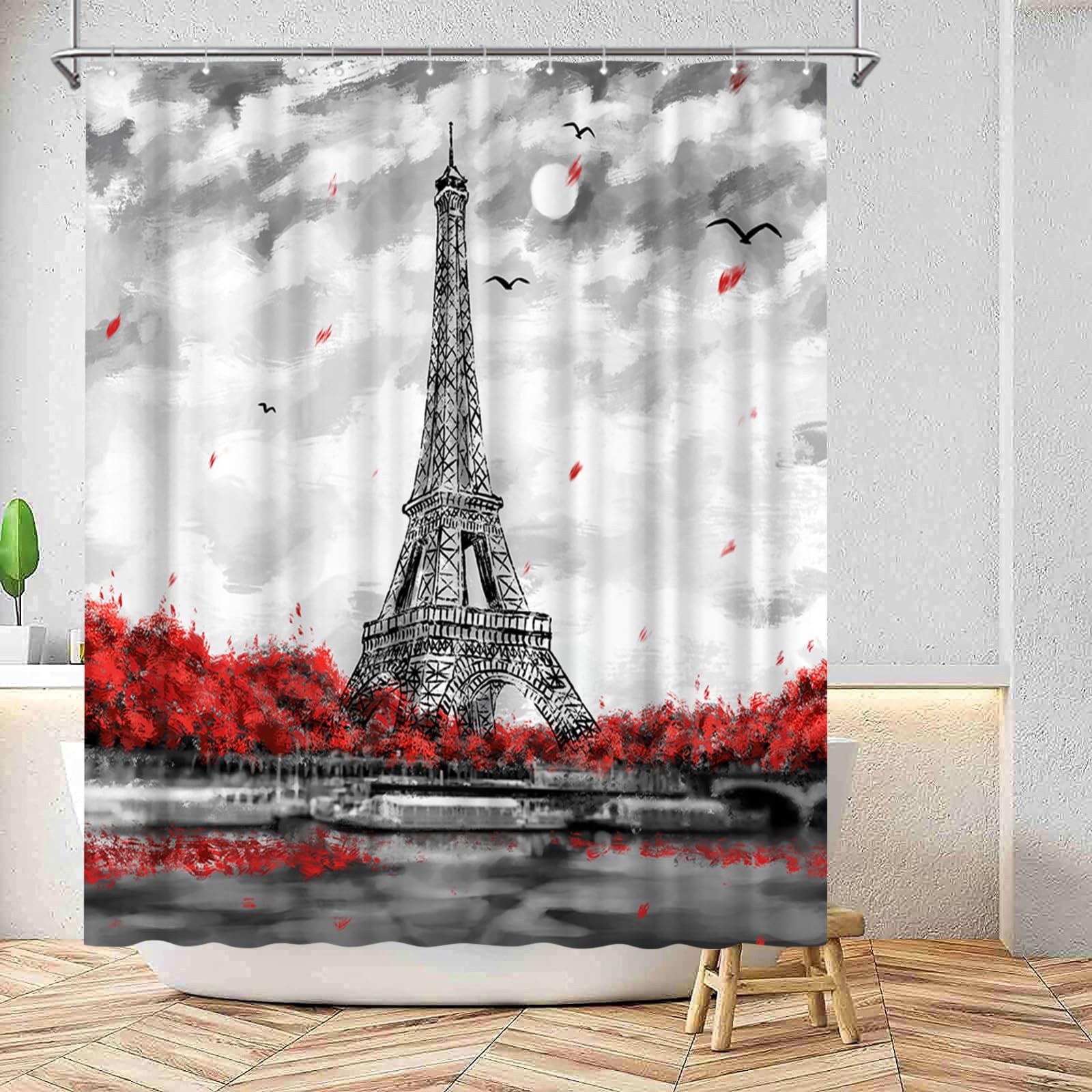 Conipit Eiffel Tower Bathroom Curtain Black White Red Shower Curtain Romantic European Paris Bathroom Decor with 12 Hooks 72''x72'' (Red)