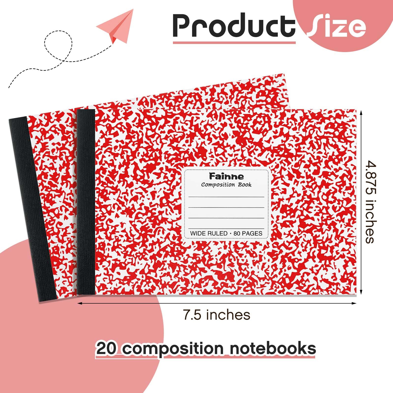 Fainne 20 quaderni a righe universitarie, 80 pagine, mezza misura, a righe larghe, 11,9 x 19,5 cm, spaziatura 28,9 cm, copertine primarie assortite (rosso)