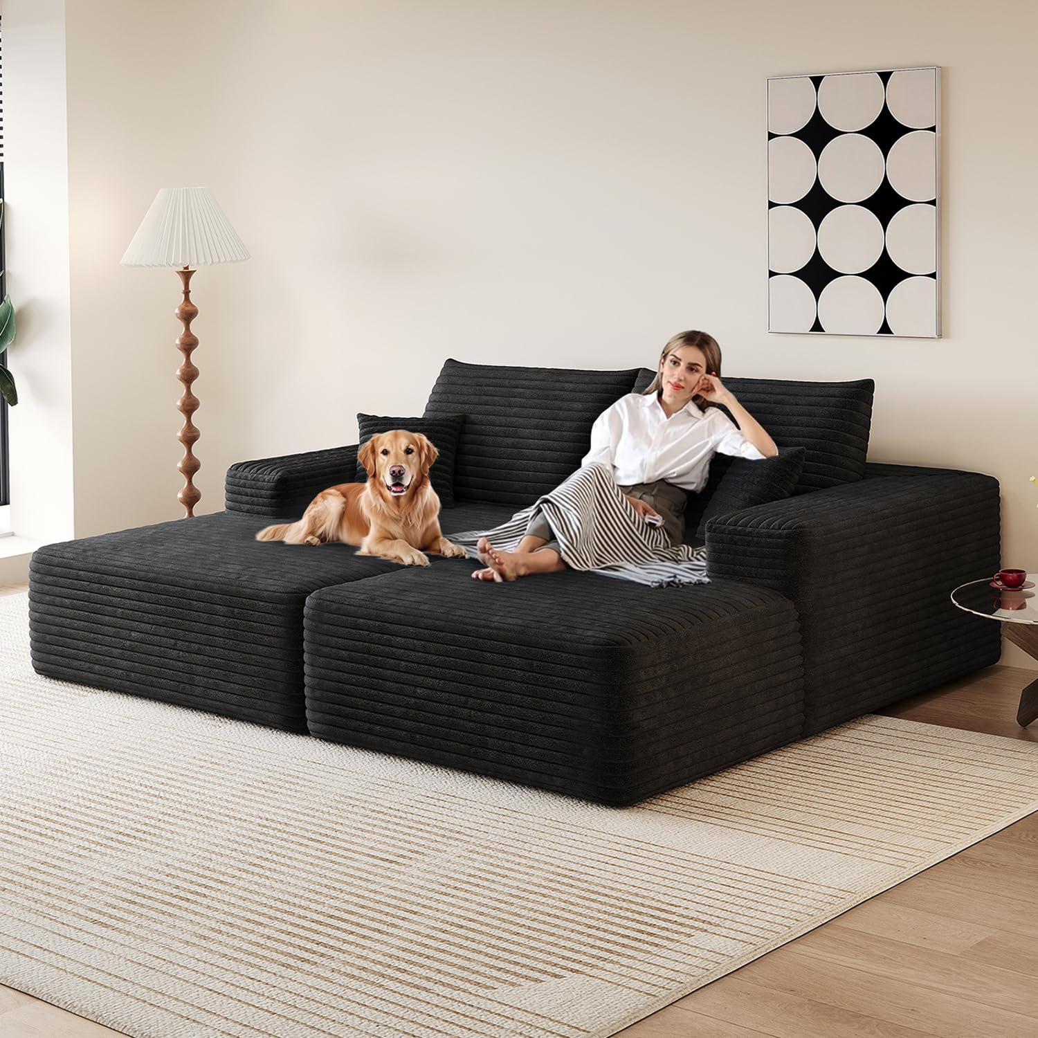 80.3''Oversized Double Lounge Chaise Sofa Bed, Boneless Cloud Couch Deep Seat, No Assembly Required, Modern Corduroy Sleeper Loveseat Chair for Living