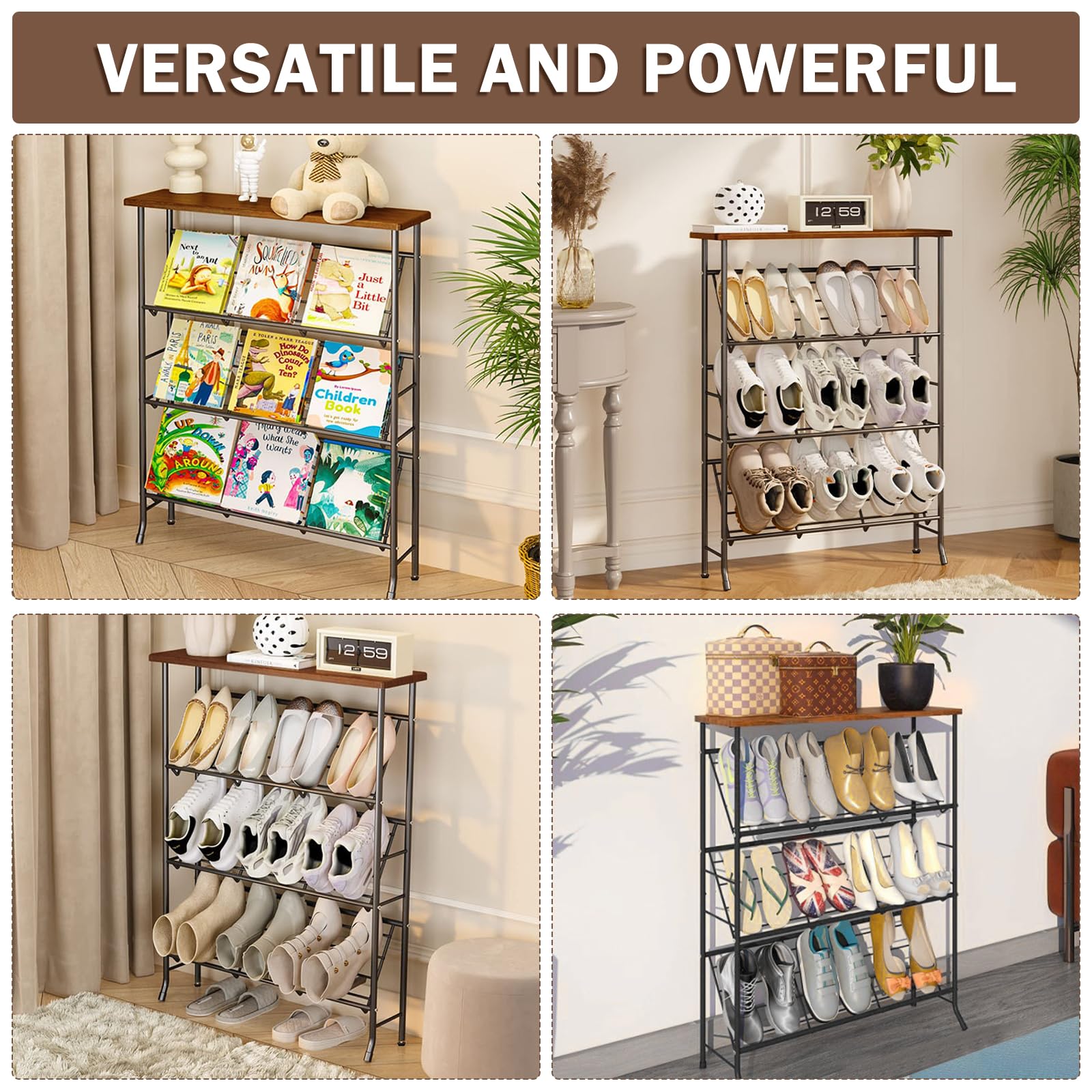 Schuhregal Schmal Metall, Shoe Rack mit 4 Ebenen, Stapelbares Kleines Schuhregal, SchuhstäNder Organizier für 12-16 Paar Schuhe, Schuhablage für Eingangsbereich Flur Wohnzimmer Schlafzimmer