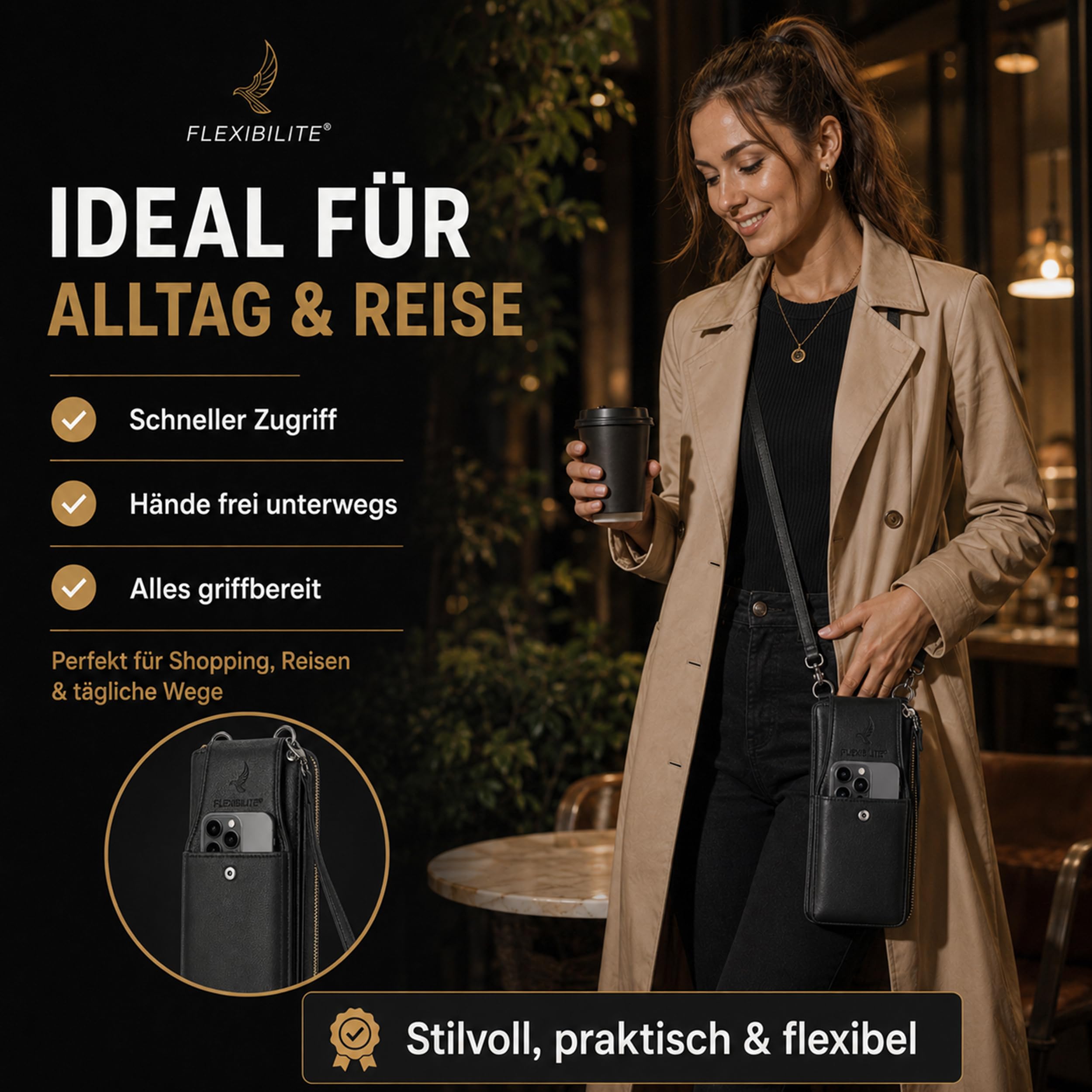 Handytasche Zum Umhängen Mit Portemonnaie (Tasche 20×11×5 cm - Handyfach 17×9×3 cm) - Echt Leder Handy-Umhängetasche Damen - Handytasche Mit Geldbörse - 220 g - Schwarz [2026]