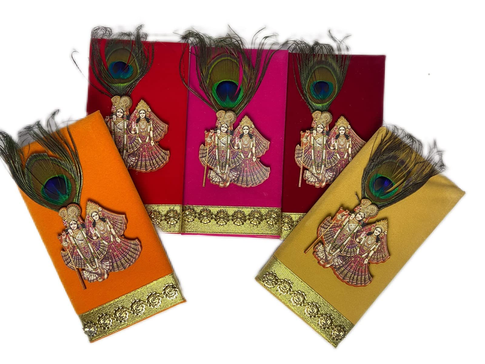 Designer Shagun Envelope | Fancy Velvet Money Gift Envelopes with Radha Krishna Die-Cut & Original Peacock Feather | Flip Closure | Multicolor (Pack of 2)-image-1
