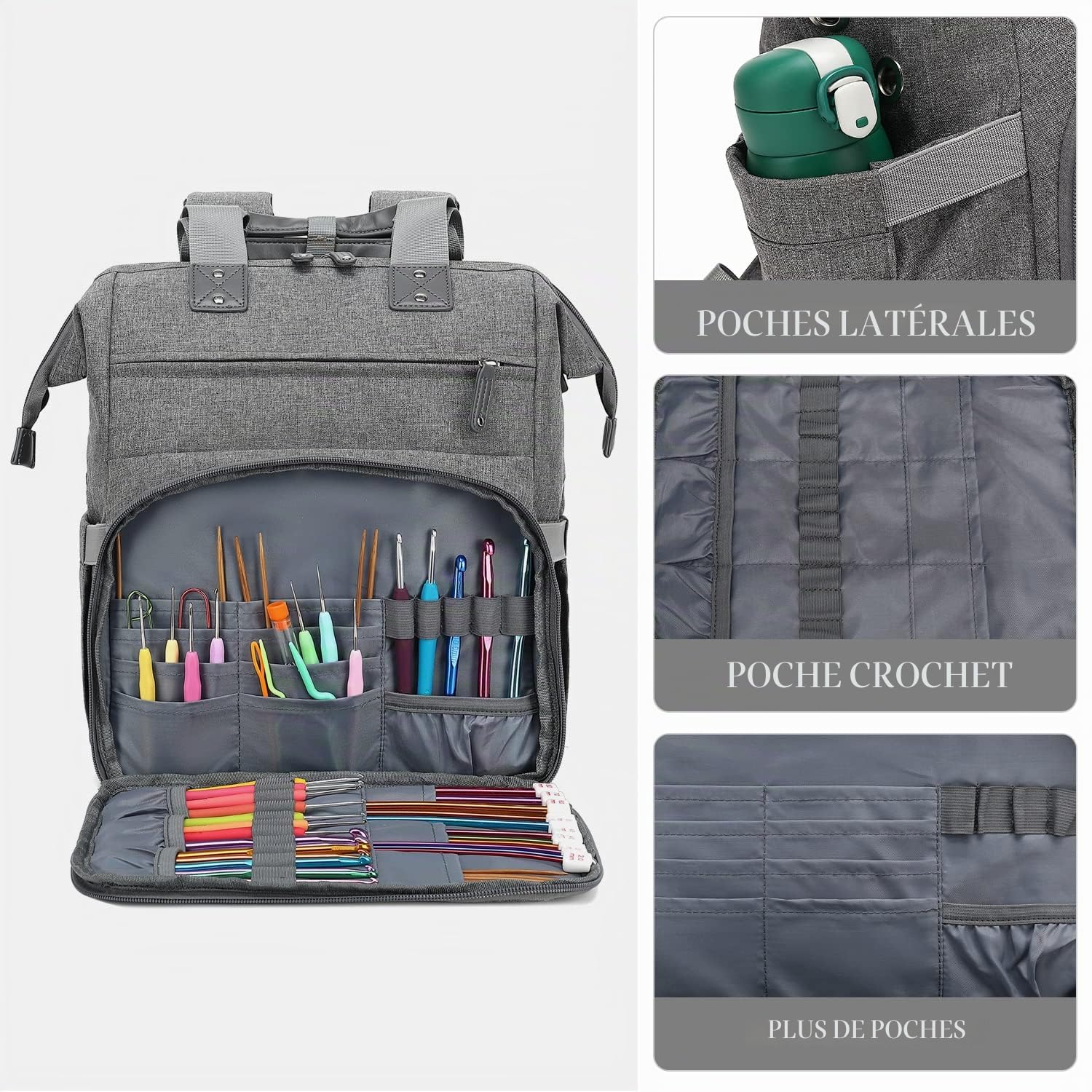 LTINVECK Sac à dos au crochet, sac à tricot, sac à dos de rangement pour fil de fer, sac de voyage avec port de charge USB, grand sac fourre-tout