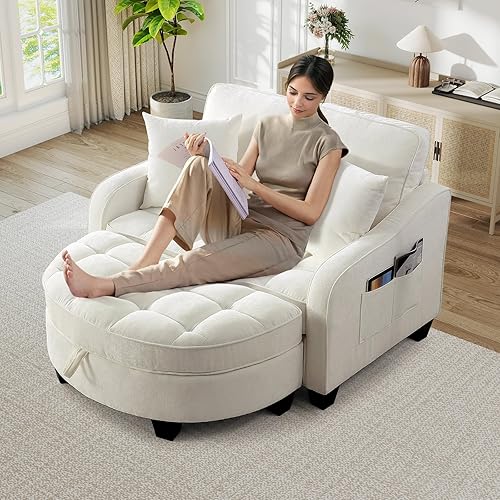 Miniatura 11 de Silla Chaise Lounge de Interior, Silla de Sofá de Chenilla de Gran Tamaño con Otomana de Almacenamiento y Respaldo Ajustable, Sofá Biplaza Cian