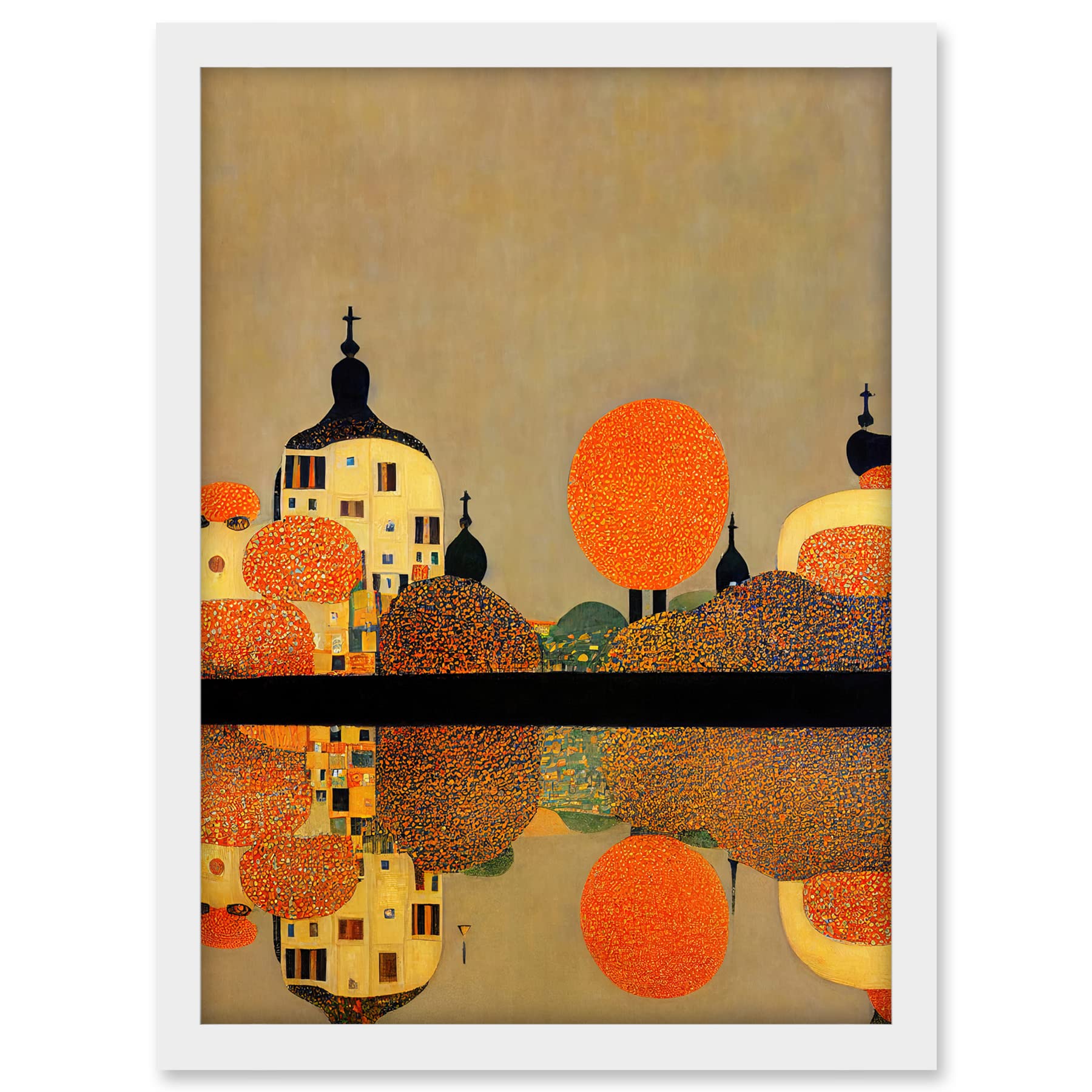 Wee Blue Coo Gustav Klimt Style Autumn Lakeside Town Church Reflection Artwork Framed A3 Wall Art Print