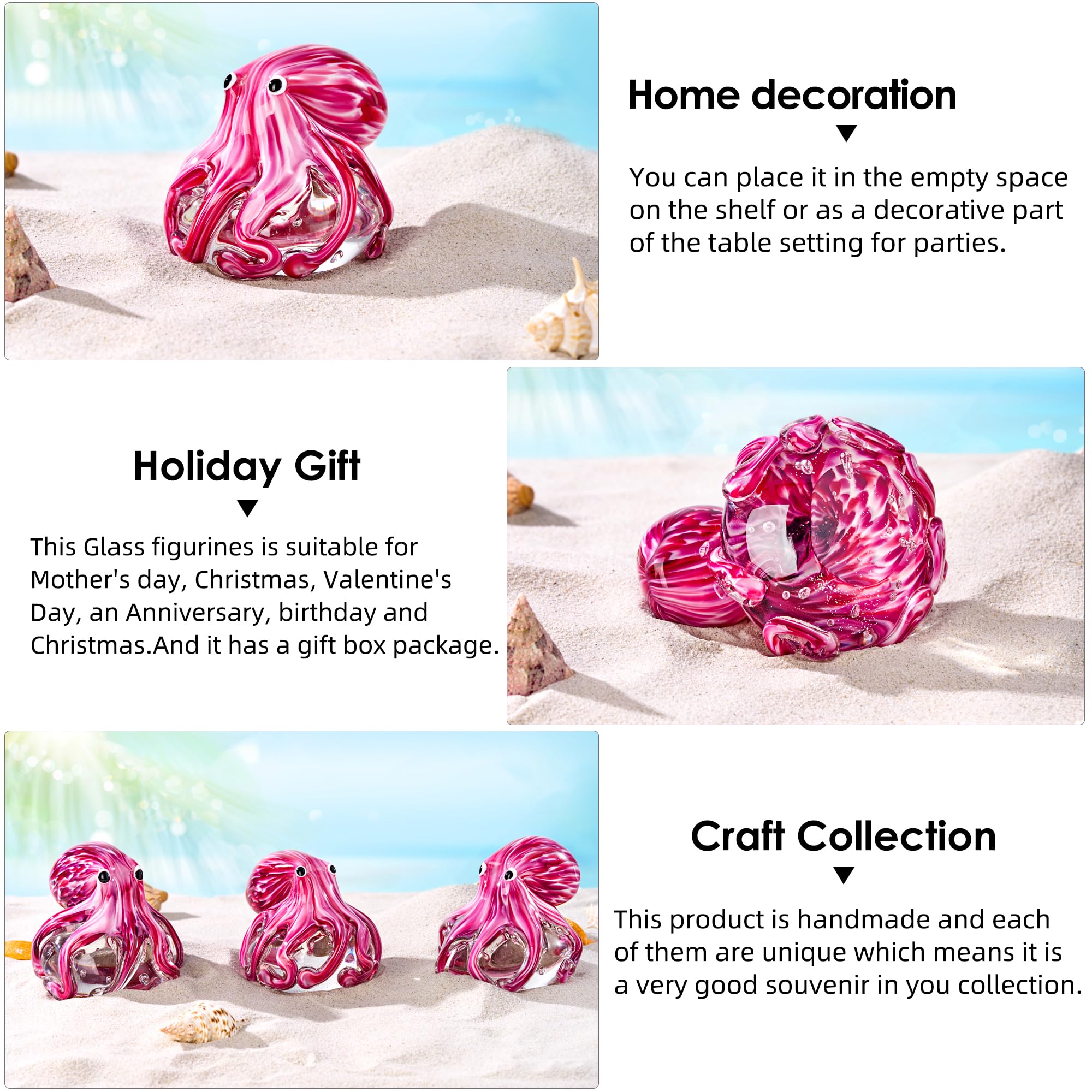 EUSTUMA Figura Decorativa de Pulpo de Vidrio soplado a Mano, Adorno de Animales Marinos para Acuario de pecera, colección de Animales Marinos para Regalo de cumpleaños, pisapapeles de Cristal para