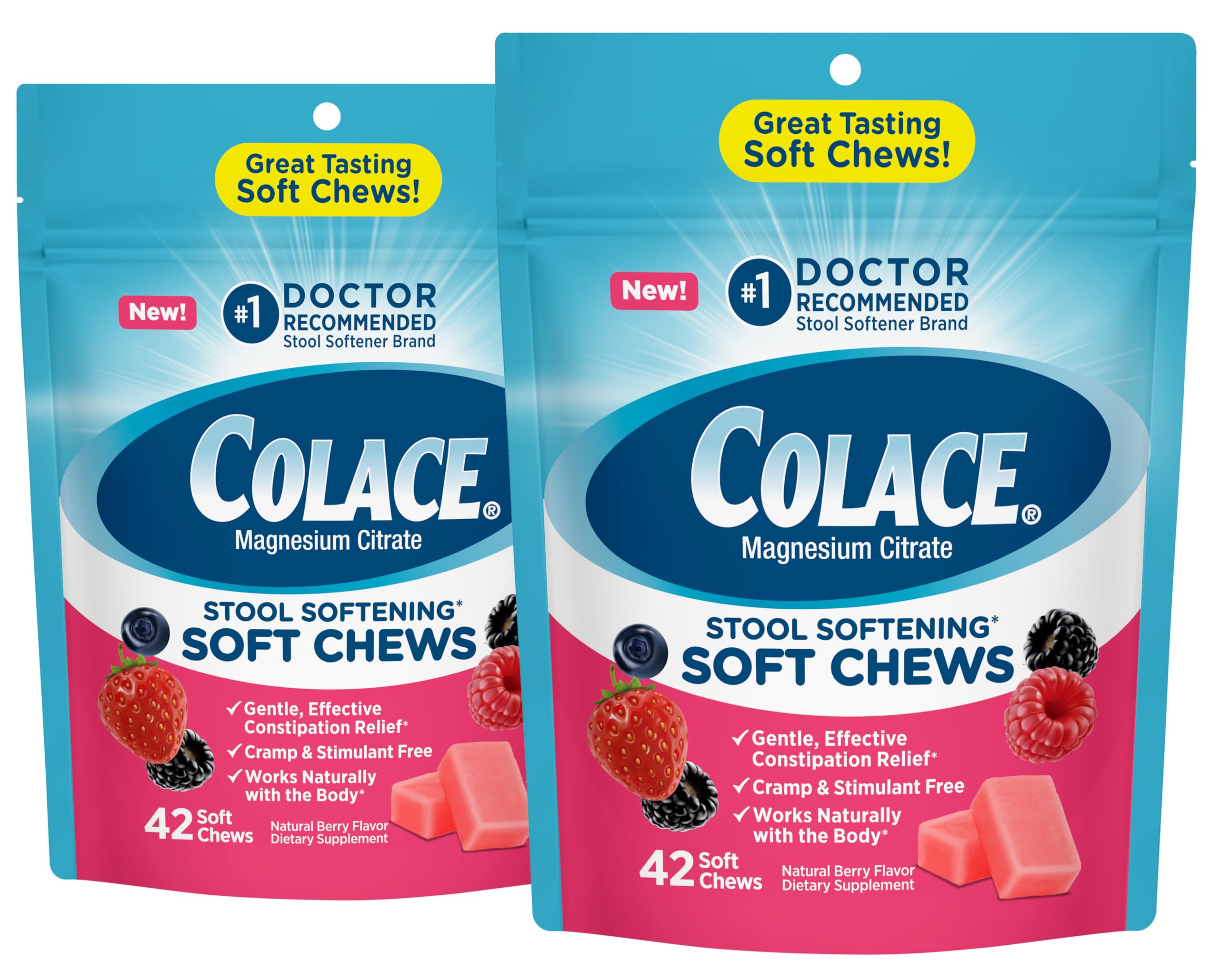 Colace Stool Softener Soft Chews, Gentle Constipation Relief, No.1 Doctor Recommended Stool Softener Brand, 42 Mixed Berry Chews (Pack of 2)