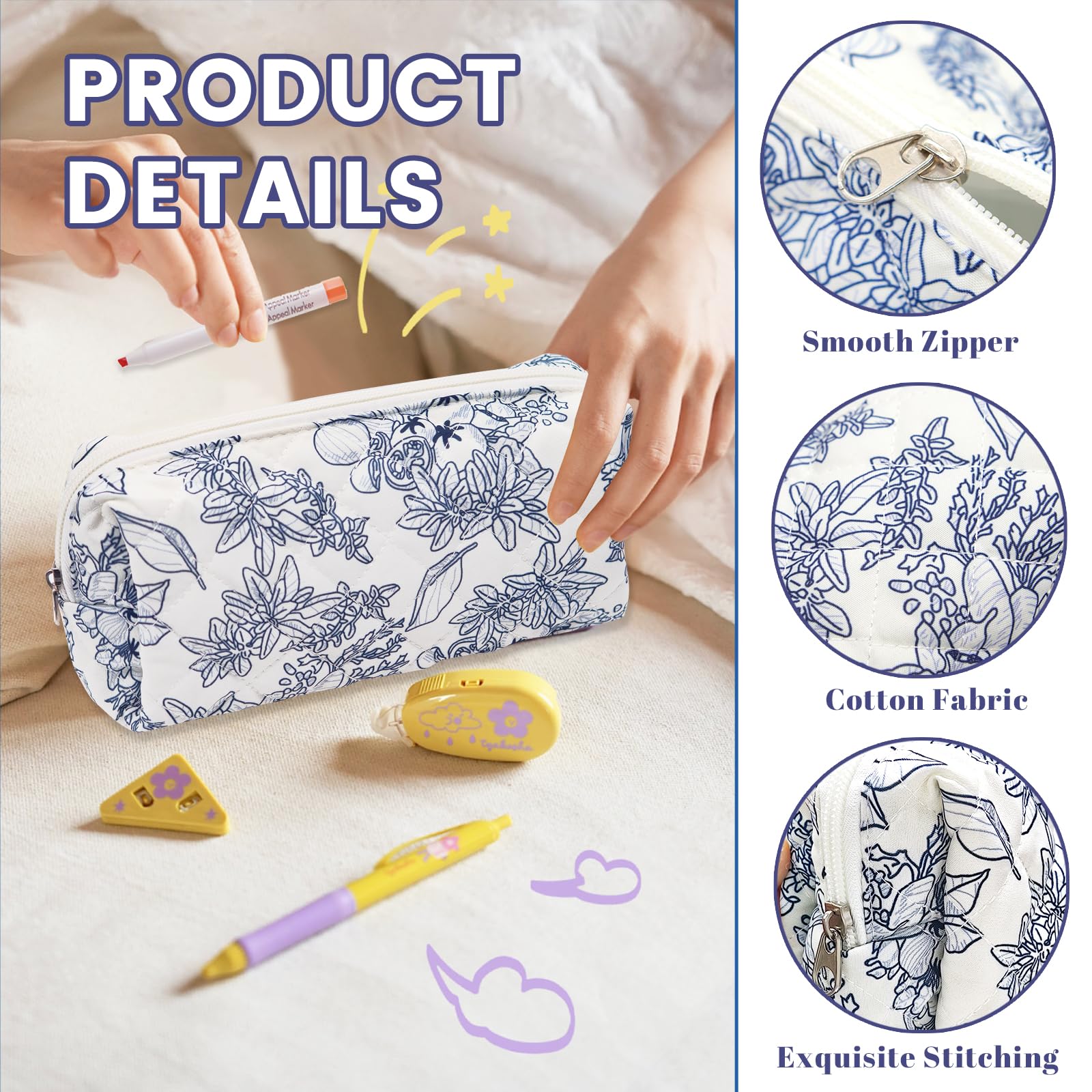 LJCZKA Floral Pencil Case for Girls Women Small Flower Pencil Pouch, Cotton Quilted Makeup Bags for School College Travel - Image 3