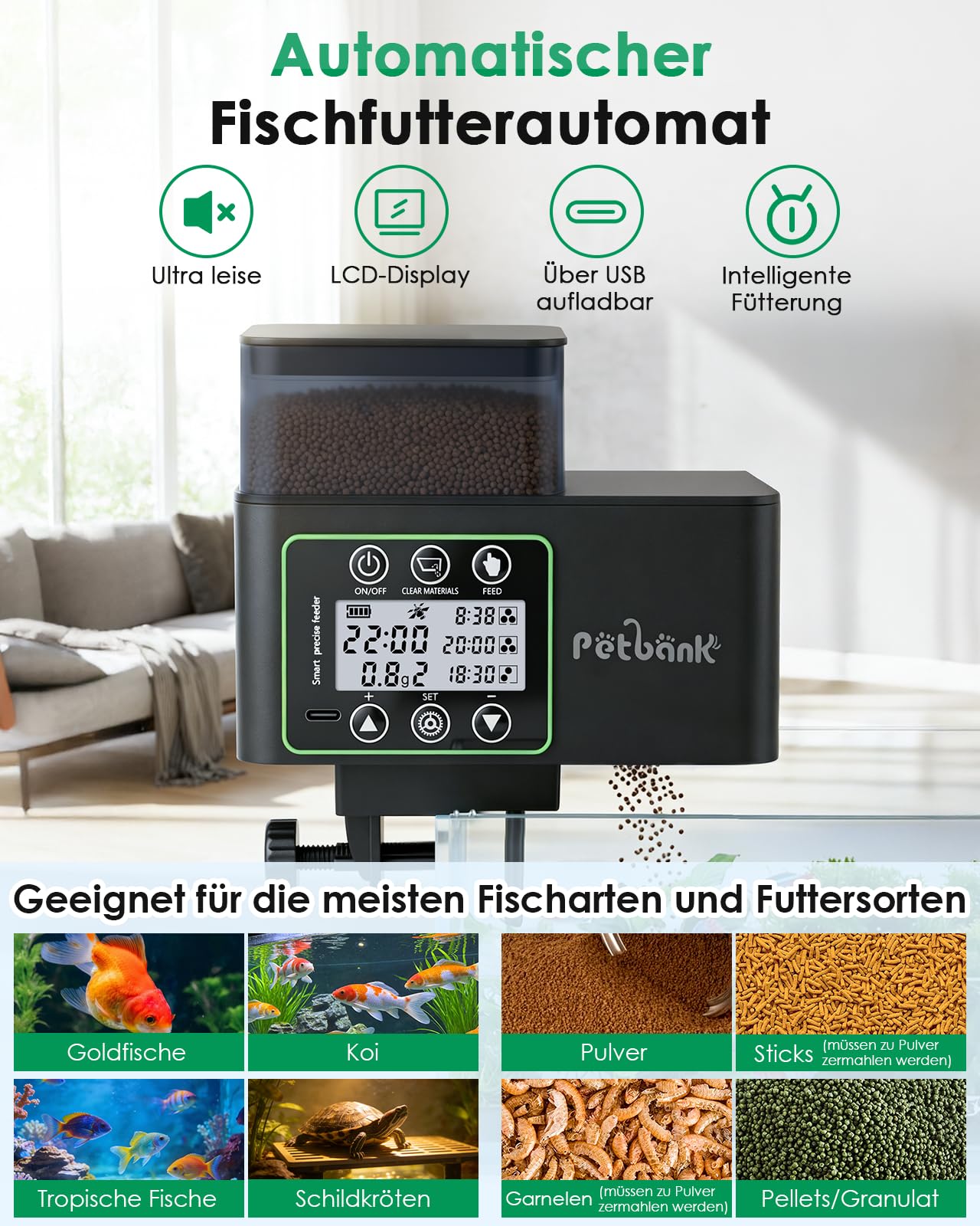 Futterautomat Aquarium, 230/510ML Automatischer Fischfutterautomat für Aquarium mit Timer, Wiederaufladbare Fische Fischfutterspender mit USB-Kabel LCD-Anzeige, Fisch Futterautomat